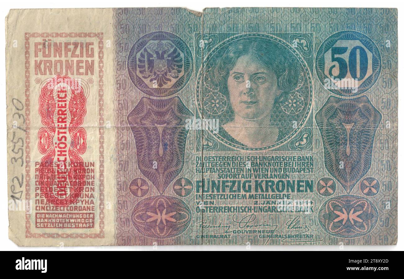 Banknote, 50 Kronen, österreichisch-ungarische Bank, Münzanstalt, Josef Pfeiffer (1864-1915), Künstler, 02.01.1914, Papier, Druck, Höhe 100 mm, Breite 163 mm, Münzstätte, Wien, Münzgebiet, Österreich, 1. Republik (1918-1933), erste Republik, Finanzen, Frau, Wappen (als Staatssymbol usw.), Banknote, Geld, Wiener Sammlung Stockfoto