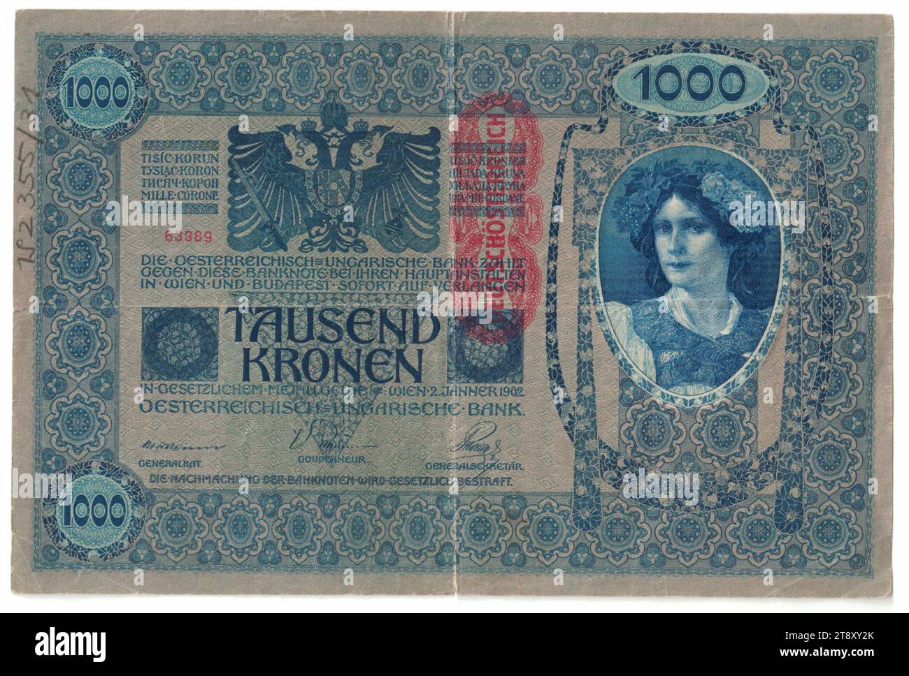 Banknote, 1000 Kronen, Rudolf Rössler (1864-1934), Künstler Heinrich Lefler (1863-1919), Künstler, österreichisch-ungarische Bank, Münzanstalt, 02.01.1902, Papier, Druck, Breite 193 mm, Höhe 128 mm, Münzprägeanstalt Wien, Münzprägegebiet, Österreich, 1. Republik (1918-1933), 1. Republik, Finanzen, Frau, Wappen (als Staatssymbol etc.), Banknote, Geld, Wiener Sammlung Stockfoto