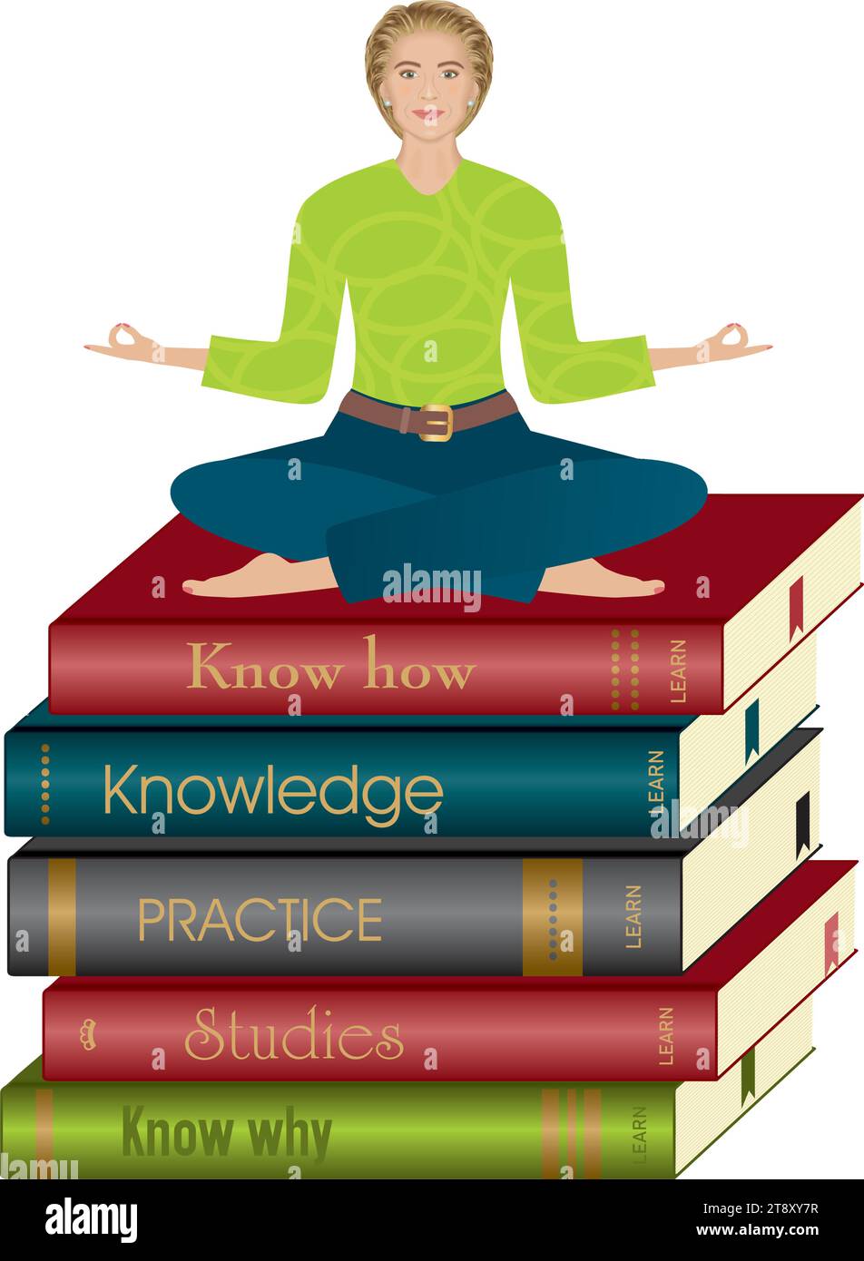 Frau in Yoga-Position, die auf einem Stapel Bücher sitzt. Isoliert. Vektorabbildung. Stock Vektor