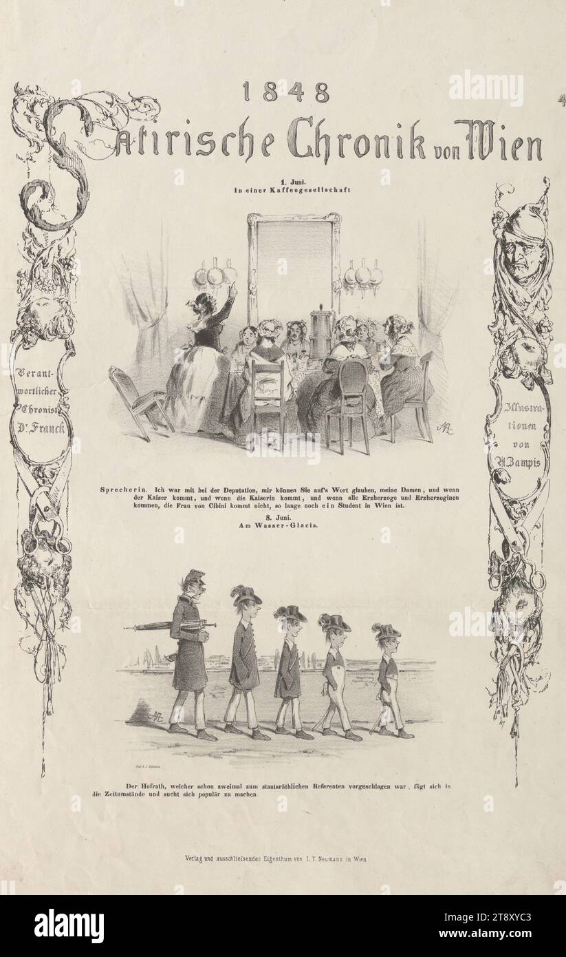 1. Juni, auf einer Kaffeeparty. - 8. Juni, bei den Wasserglacis." (Nr. 4 der Reihe '1848, satirische Chronik von Wien'), Franck, Auteur, Johann Höfelich (1796-1849), Drucker, Anton Zampis (1820–1883), Lithograph, Leopold Theodor Neumann (1804–1876), Verlag, 1848, Papier, Kreidelithographie, Höhe 44, 8 cm, Breite 29, 1 cm, Karikatur, Satire, Revolutionen von 1848, 1849, Sammlung Wien Stockfoto