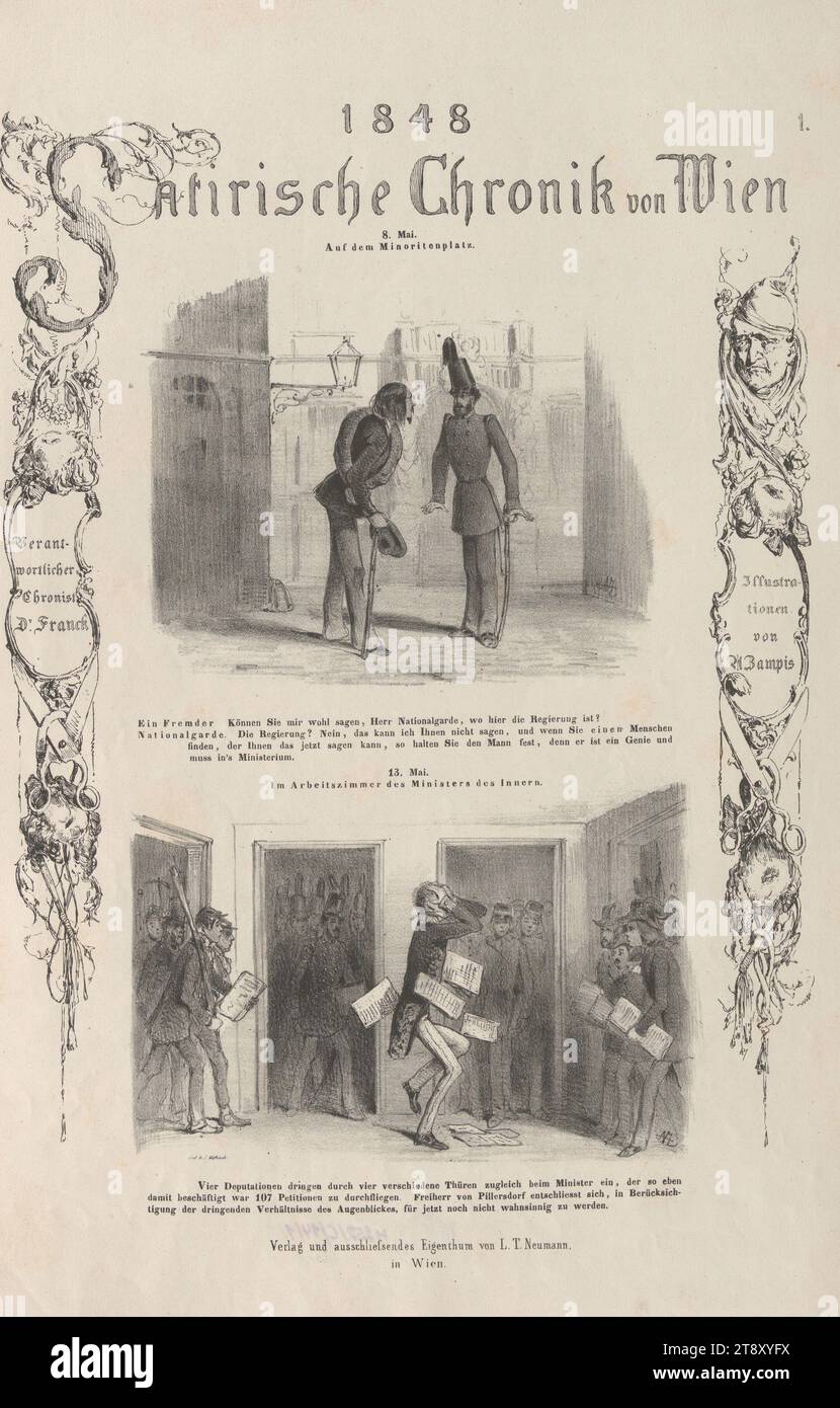 8. Mai, auf dem Minoritenplatz. - 13. Mai, in der Studie des Innenministers" (Nr. 1 der Reihe "1848, satirische Chronik von Wien", Minister Franz Freiherr von Pillersdorf), Franck, Auteur, Anton Zampis (1820-1883), Lithograph, Johann Höfelich (1796-1849), Drucker, Leopold Theodor Neumann (1804-1876), Verlag, 1848, Papier, Kreidelithographie, Höhe 44, 8 cm, Breite 29, 3 cm, Karikatur, Satire, Revolutionen von 1848, 1849, Sammlung Wien Stockfoto