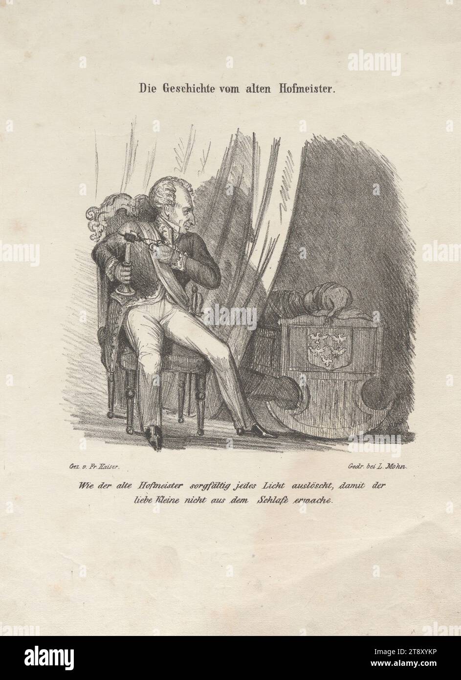 Wie der alte Hofmeister behutsam jedes Licht auslöscht, damit das, liebe kleine, nicht aus dem Schlaf aufwacht. (Nr. 1 der Serie „die Geschichte vom alten Hofmeister“.) (Satire über Metternichs Politik), Friedrich Kaiser, Lithograph, Ludwig Mohn (1797-1857), Drucker, 1848, Papier, Kreidelithographie, Höhe 30 cm, Breite 22, 2 cm, Politik, Revolutionen von 1848, 1849, Karikatur, Satire, Vormarsch, Biedermeier, Politiker, Sammlung Wien Stockfoto