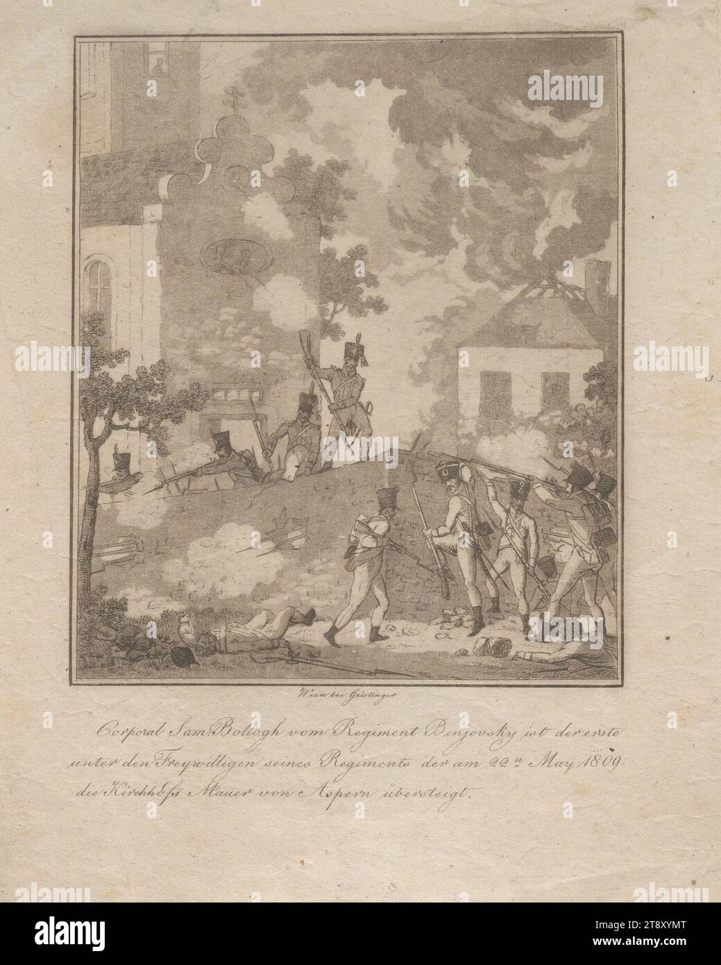 Kriegsszenen aus dem Jahr 1809: Corporal Sam. Bollogh überquert die 22. Möge die Friedhofsmauer bei Aspern (Schlacht von Aspern), fragwürdig:, Datum nach 1809, Papier, Aquatint, Höhe 23 x 19 cm, Kriegsereignisse, Militär, Kriegsereignisse und Kriegsereignisse, Bildende Künste, Militär, Wiener Umgebung, 22. Bezirk: Donaustadt, der Soldat, das Leben des Soldaten, der Friedhof, der Soldat, das Leben des Soldaten, die Schlacht, die Kämpfe im Allgemeinen, die Wiener Sammlung Stockfoto