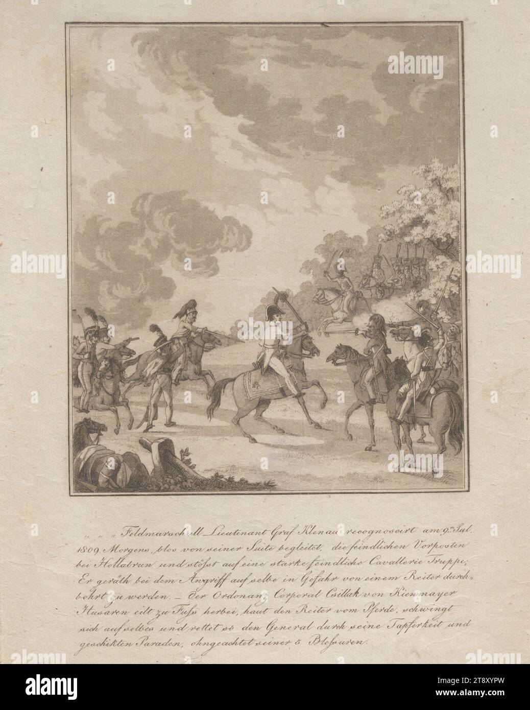 Kriegsszenen aus dem Jahr 1809: Feldmarschall Leutnant Graf Klenau wird am 9. Juli 1809 bei Hollabrunn angegriffen. Juli 1809 bei Hollabrunn über feindliche Kavallerie, fragwürdig:, Datum nach 1809, Papier, Aquatint, Höhe x Breite 24, 5 x 19, 5 cm, Kriegsereignisse, schöne Künste, Militär, der Soldat, das Leben des Soldaten, Kampf, Kampf im Allgemeinen, die Wiener Sammlung Stockfoto