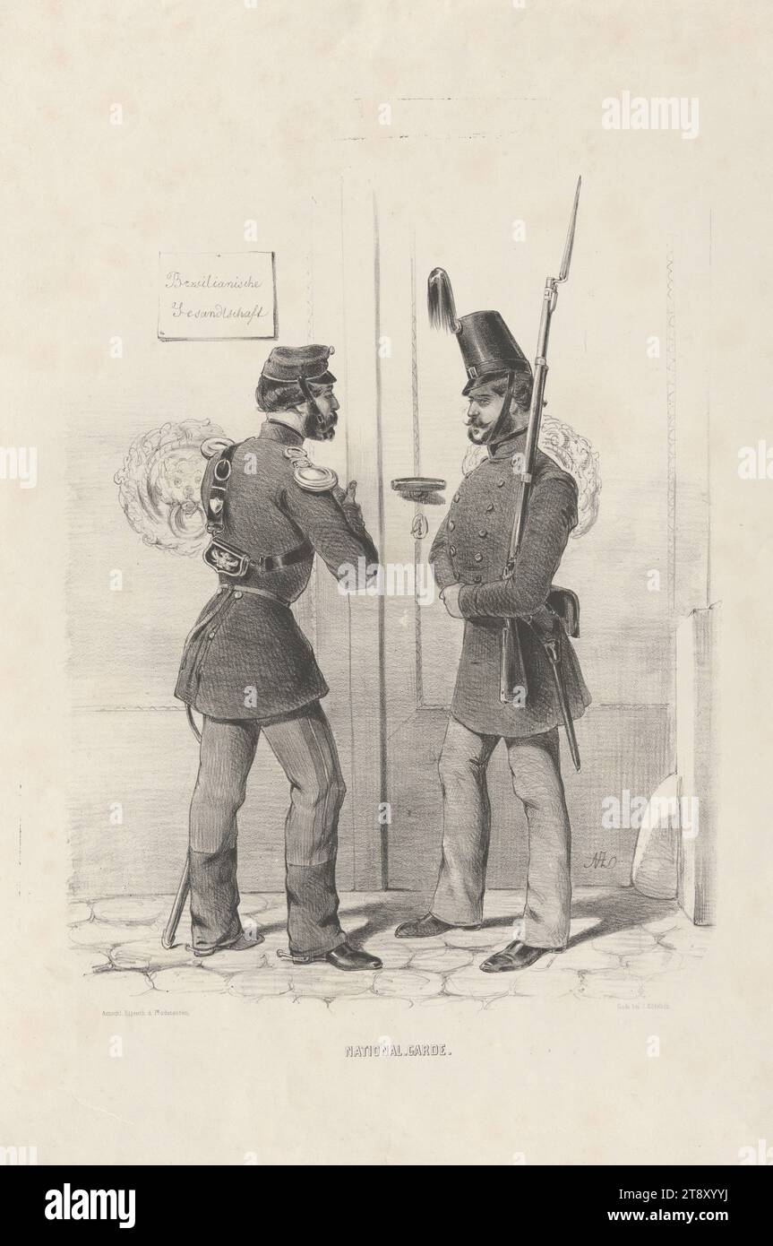 NATIONAL-GARDE.“ (Aus der Reihe "ERINNERUNGS=BILDER, aus, WIENS OCTOBER-TAGE 1848, VON, A. ZAMPIS."), Anton Zampis (1820-1883), Lithograph, Johann Höfelich (1796-1849), Drucker, A. O. Witzendorf, Verlag, 1848, Papier, Kreidelithographie, Höhe 54 cm, Breite 36, 4 cm, Umdrehungen von 1848, 1849, Militär, schöne Künste, der Soldat; das Leben des Soldaten, (militärische) Uniformen, die Wiener Sammlung Stockfoto