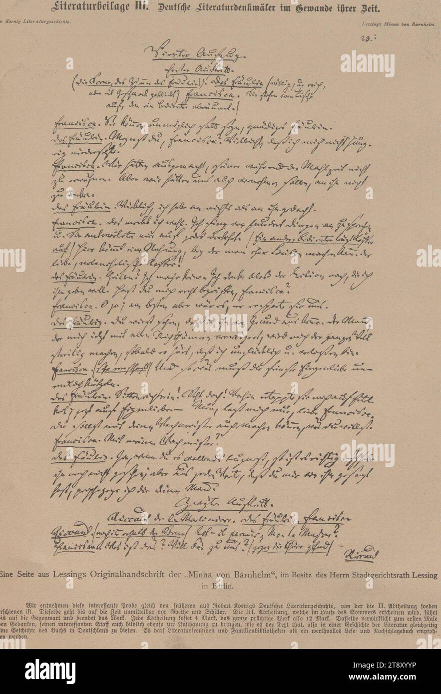 Eine Seite aus Lessings Originalmanuskript von 'Minna von Barnhelm', im Besitz von Herrn Stadtgerichtsrath Lessing in Berlin.', Gotthold Ephraim Lessing (1729-1781), Auteur, 1878, Papier, Druck, Höhe 31, 9 cm, Breite 22, 3 cm, Literatur, Medien und Kommunikation, Nachlass Constantin von Wurzbach, Handschrift, schriftlicher Text, Sammlung Wien Stockfoto