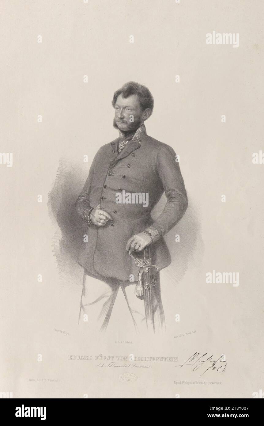 Eduard Fürst von Liechtenstein, k. k. Feldmarschall-Leutnant, August Strixner (1820-1855), Lithograph, Wilhelm Richter (1824-1892), Künstler, Johann Höfelich (1796-1849), Drucker, L. T. Neumann k.k. Hof-Kunsthandlung, Verlag, 1849, Papier, Lithographie, Höhe 50, 2 cm, Breite 34, 6 cm, Beschriftung, „Edelstein. v. W. Richter.“, „Lith. v. A. Strixner.1849.", "Gedr. b. J. Höfelich', 'Wien, bei L. T. Neumann.', Bildende Kunst, Aristokratie, Militär, Nachlass Constantin von Wurzbach, Porträt, Mann, (Militär-)Uniformen, Sammlung Wien Stockfoto