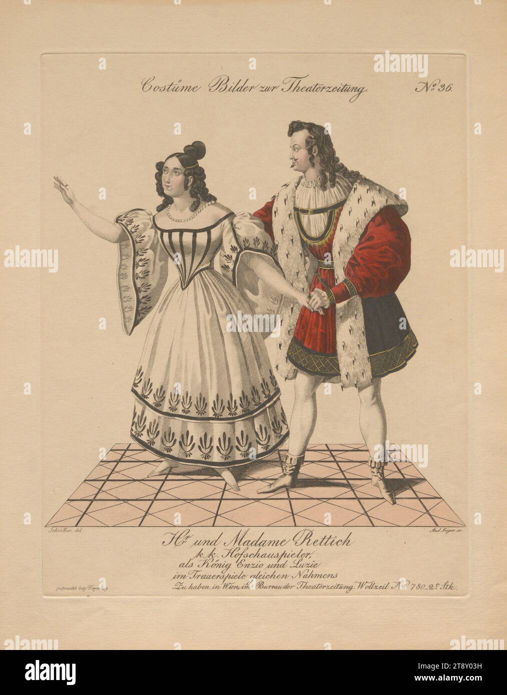 Mr. Und Madame Rettich als König Enzio und Luzie in den gleichnamigen Trauerspielen (Kostümbild Nr. 36 für die Theaterzeitung), Andreas Geiger (1765-1856), Kupferstecher, 1836, Papier, farbig, Kupferstich, Bogengröße 27, 5 x 22, 3 cm, Theater, darstellende Künste, Bildende Künste, Schauspieler (auf der Bühne), Julie Rettich, Carl Rettich, Sammlung Wien Stockfoto