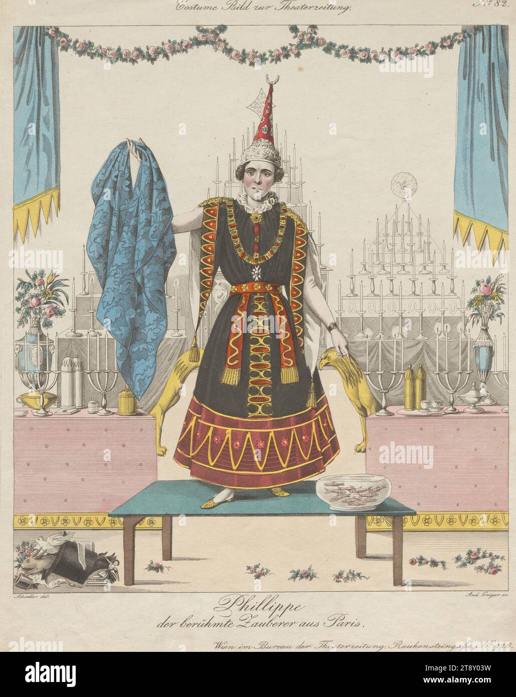 Phillippe der berühmte Zauberer aus Paris (Kostümbild Nr. 82 zur Theaterzeitung), Andreas Geiger (1765-1856), Kupferstecher, 1840, Papier, farbig, Kupferstich, Bogengröße 27, 8 x 22, 4 cm, Theater, darstellende Künste, Bildende Künste, Schauspieler (auf der Bühne), Wiener Sammlung Stockfoto