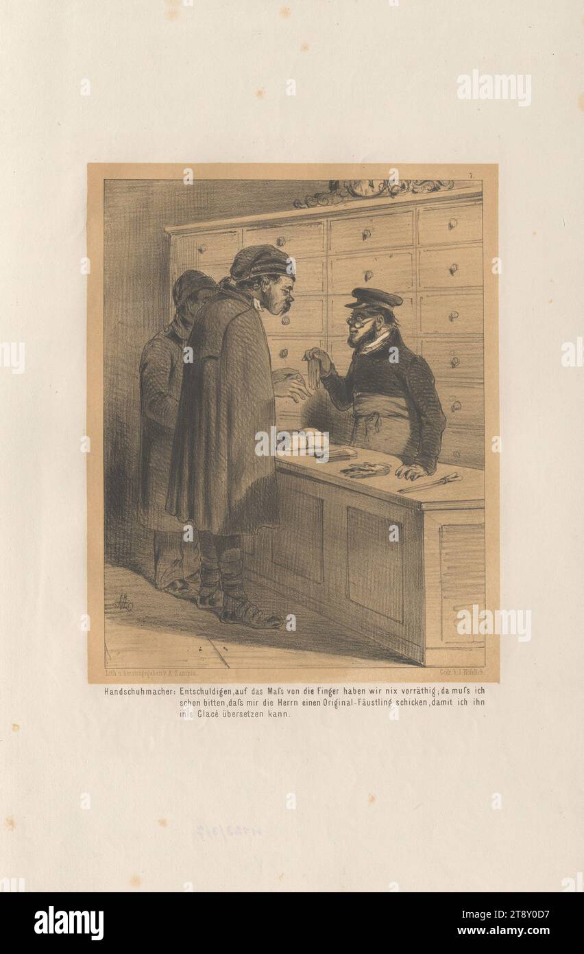 Seressaner beim Handschuhmacher (Nr. 7 der Serie 'KLEINE EPISODEN, aus dem GROSSEN DRAMA: 'WIEN im BELAGERUNGS-ZUSTAND', Lith. Und herausgegeben von, A. Zampis. "), Anton Zampis (1820-1883), Lithograph, Johann Höfelich (1796-1849), Drucker, 1848, Papier, Kreide-Lithographie, Höhe 44, 3 cm, Breite 28, 9 cm, Bildende Kunst, Umdrehungen von 1848, 1849, Berufsbilder, der Soldat; das Leben des Soldaten, die Wiener Sammlung Stockfoto