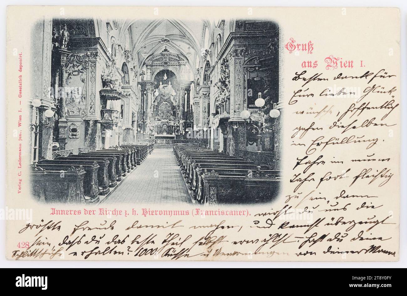 Gruß aus Wien I.. Innenraum der Kirche St. Jerome (Franziskaner), Carl (Karl) Ledermann Jr., Produzent, 1898, Karton, handkoloriert, Kollotype, Höhe x Breite: ca. 9 x 14 cm, Inschrift, VON Wien, NACH, Wien, ANSCHRIFT, Zögling im Kollegium, Kalksburg bei Wien, Südbahnstation Liesing, BOTSCHAFT, vielen Dank für Ihre herzlichen Glückwünsche. ich hoffe, dass sie wahr werden. Bleiben Sie im neuen Jahr fleißig, dann werden Sie uns das größte Vergnügen bereiten Stockfoto