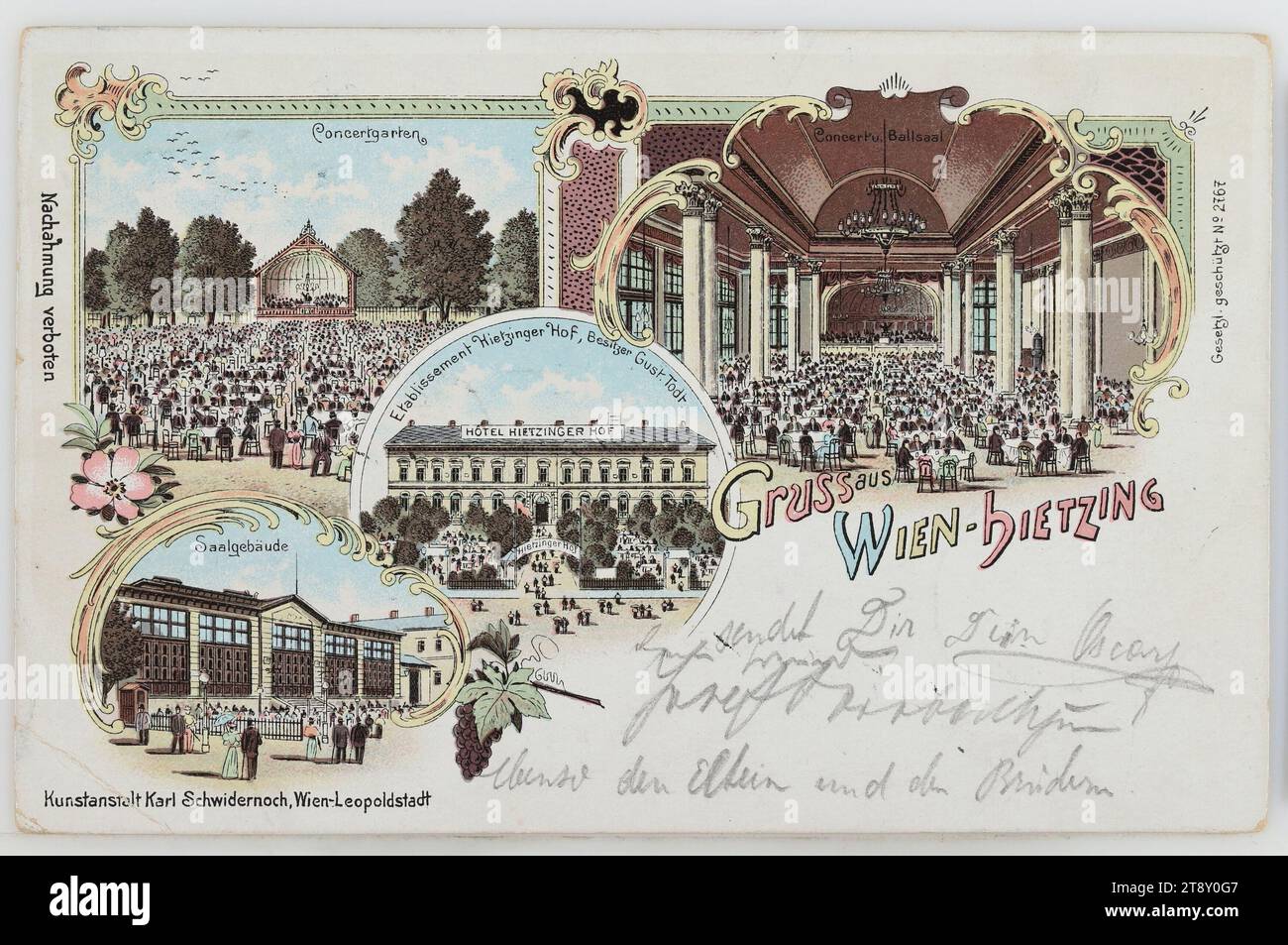 13th, Hietzinger Hauptstraße 22 - Hotel Hietzinger Hof, Ansichtskarte, Karl Schwidernoch, Produzent, 1898, beschichtete Pappe, Farblithographie, Hotel- und Gaststättenindustrie, Freizeit und Freizeit, 13. Bezirk: Hietzing, mit Menschen, Sammlung Wien Stockfoto