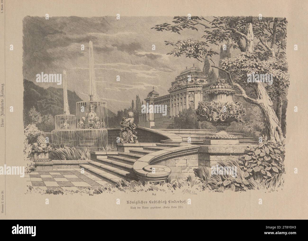 Königliches Lustschloß Linderhof.", Hermann Paar (1838-1899), Xylograph, 1880, Paper, Holzstich, Höhe 28, 2 cm, Breite 38, 1 cm, Inschrift "H. PAAR X. A", Medien und Kommunikation, bildende Kunst, Nachlass Constantin von Wurzbach, wöchentlich, monatlich, Zeitschrift usw., Schloss, die Wiener Sammlung Stockfoto