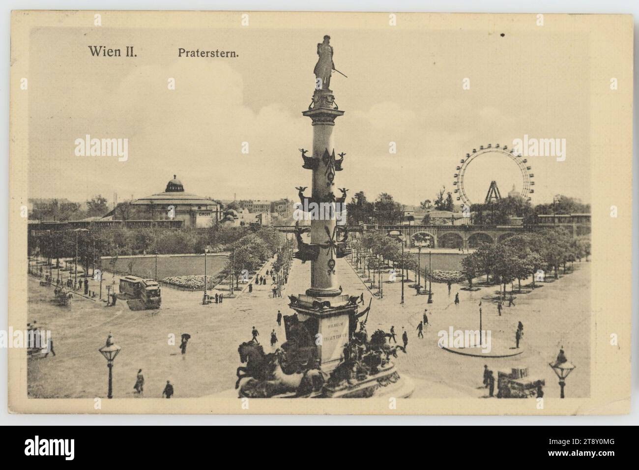 Wien II Praterstern, Brüder Kohn KG (B.K.W.I.), Hersteller, 1912, Karton, Kollotype, Inschrift, FROM, Wien, TO, Wien, ANSCHRIFT, Wien IX Waisenhausgasse Konsular-Akademie, BOTSCHAFT, 22. Mai 1912, sehr geehrter Hubert! Vielen Dank für Ihr Foto, das ich sehr gut finde. Ich wünsche dir gutes Wetter. Mit freundlichen Grüßen von Tante Johanna, Attraktionen, Prater, öffentliche Verkehrsmittel, Medien und Kommunikation, Verkehr und Transport, Ansichtskarten mit Transliteration, 2. Bezirk: Leopoldstadt, Denkmal, Statue, Skulptur, Riesenrad, Riesenrad, Quadrat, Platz, Zirkus usw., Eisenbahn Stockfoto