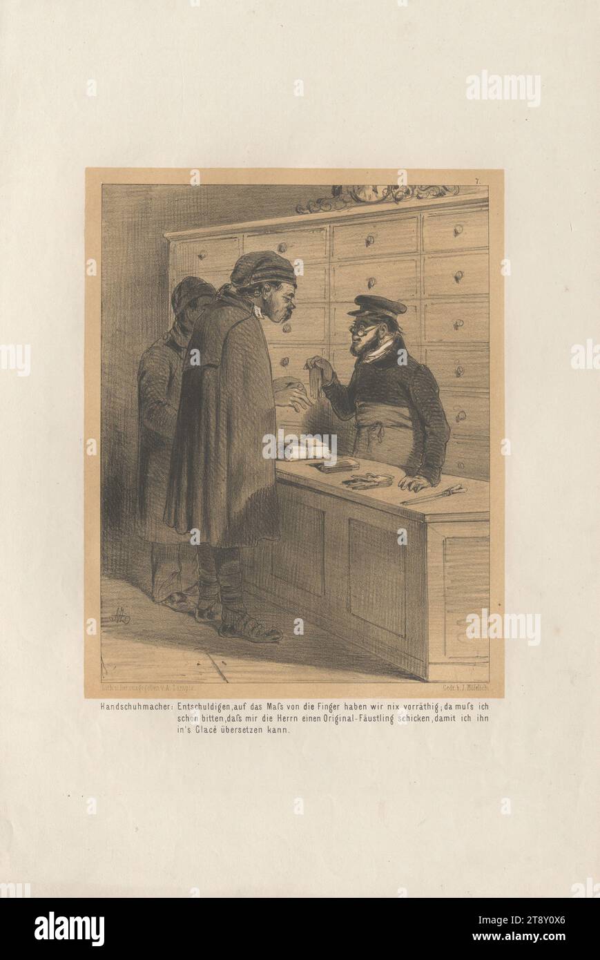 Seressaner beim Handschuhmacher (Nr. 7 der Reihe 'KLEINE EPISODEN, aus dem GROSSEN DRAMA: 'WIEN im BELAGERUNGS-ZUSTAND', Lith. Und herausgegeben von, A. Zampis. "), Anton Zampis (1820-1883), Lithograph, Johann Höfelich (1796-1849), Drucker, 1848, Papier, Kreide-Lithographie, Höhe 44, 3 cm, Breite 28, 9 cm, Bildende Kunst, Umdrehungen von 1848, 1849, Berufsbilder, Handwerkskunst, der Soldat; das Leben des Soldaten, die Sammlung Wien Stockfoto