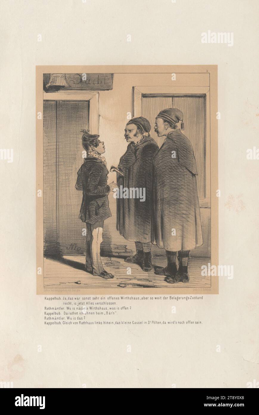 Kappelbub und Seressaner (Nr. 5 der Reihe 'KLEINE EPISODEN, aus dem GROSSEN DRAMA: 'WIEN im BELAGERUNGS-ZUSTAND', Lith. Und herausgegeben von, A. Zampis. "), Anton Zampis (1820-1883), Lithograph, Johann Höfelich (1796-1849), Drucker, 1848, Papier, Kreide-Lithographie, Höhe 44, 2 cm, Breite 29 cm, Bildende Kunst, Revolutionen von 1848, 1849, der Soldat; das Leben des Soldaten, die Wiener Sammlung Stockfoto