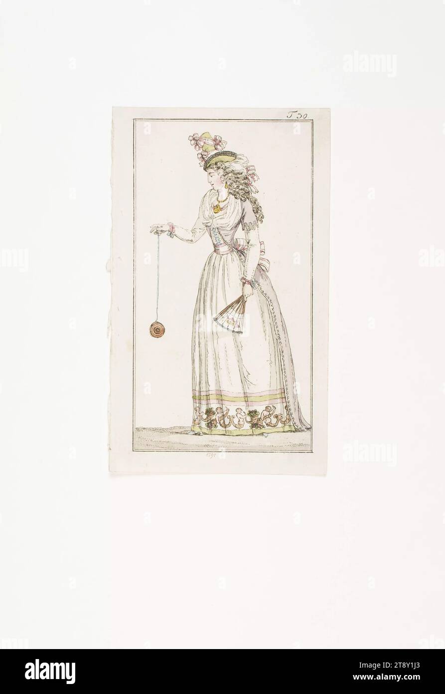 Modebild: 'Dame mit joujou de Normandie', Unknown, 1791, Papier, farbig, Kupferstich, Höhe 19, 2 cm, Breite 11, 4 cm, Tellergröße 17, 5x9, 5 cm, Mode, Bourgeoisie, Modeteller, Kopfbedeckung, Frau, Fan, Accessoires ( Kleidung), Die Wiener Sammlung Stockfoto