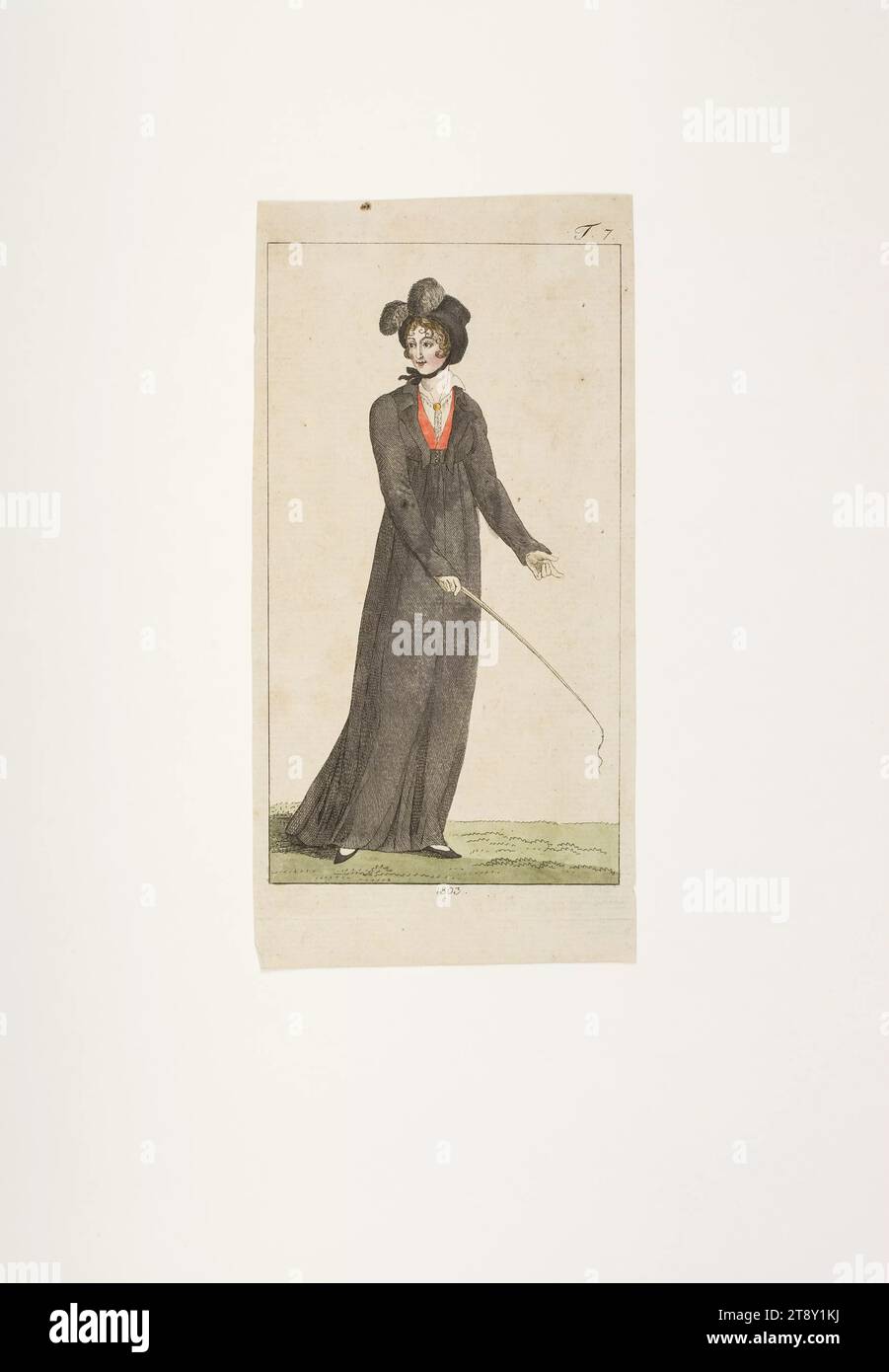 Modebild: 'Dame im Reitanzug', Unbekannt, 1803, Papier, farbig, Kupferstich, Höhe 20, 3 cm, Breite 10 cm, Plattengröße 17 x 9, 3 cm, Mode, Bourgeoisie, Freizeit und Freizeit, Sport, Modeteller, Kopfbedeckung, Frau, Kleid, Kleid, Die Wiener Sammlung Stockfoto