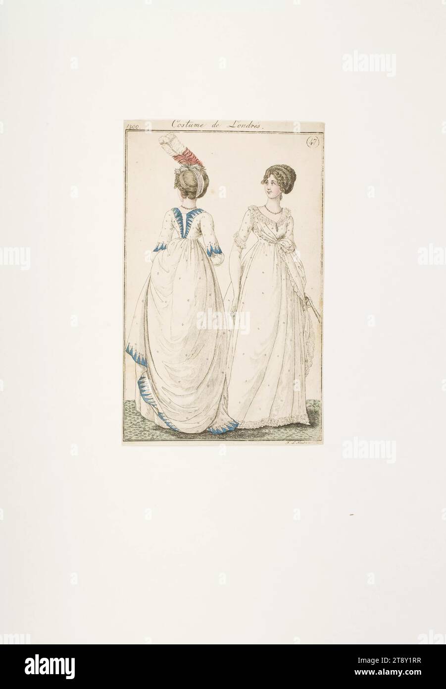 Modebild: 'Two Ladies in English Fashion', Unknown, 1800, Papier, farbig, Kupferstich, Höhe 17, 3 cm, Breite 11 cm, Plattengröße 16, 3 x 10, 5 cm, Mode, Bourgeoisie, Modeplatten, Kopfbedeckung, Frau, Kleid, Kleid, die Wiener Sammlung Stockfoto