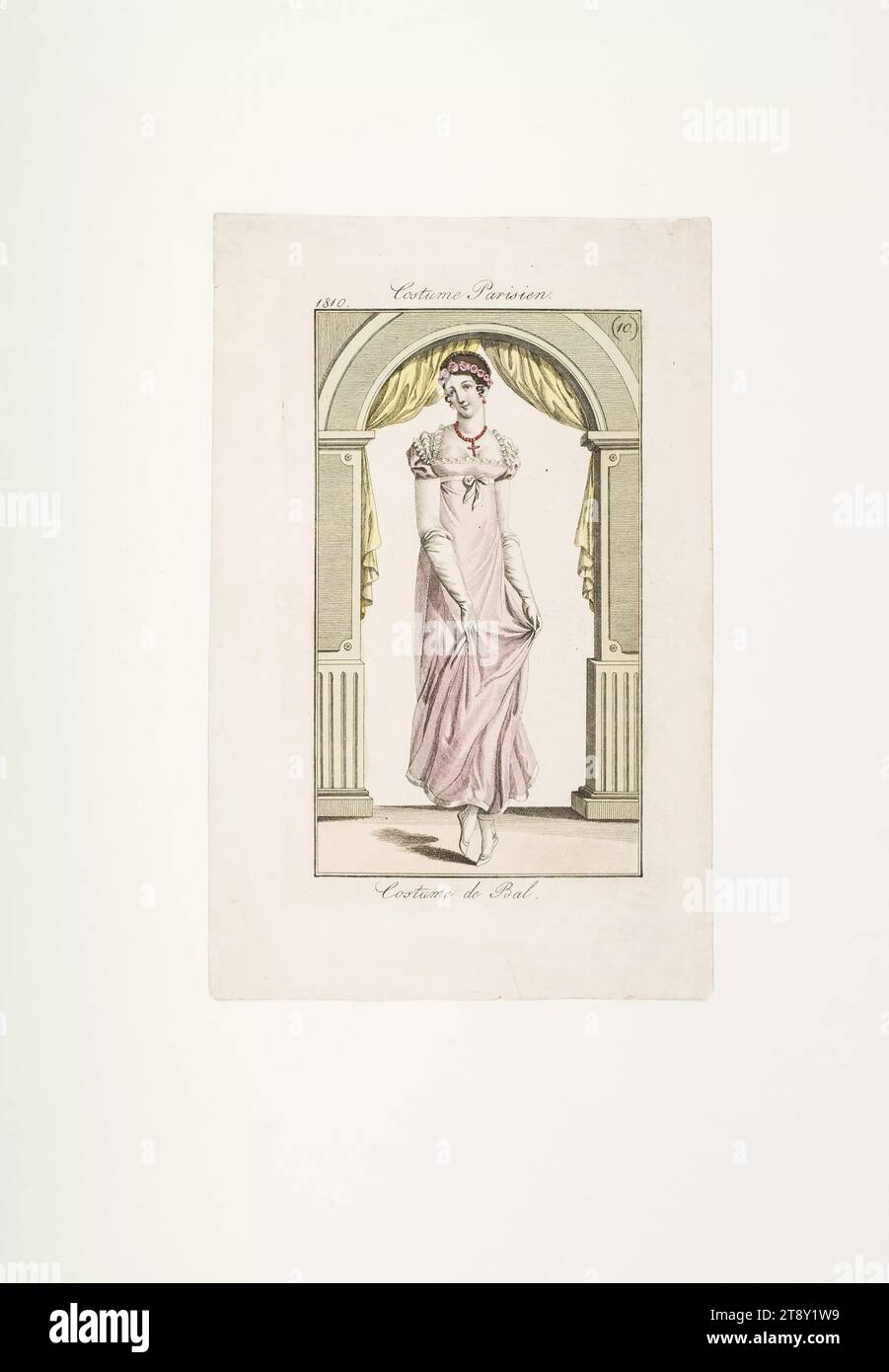 Modebild: 'Pariser Frau im Ballkleid vor einem Tor', Unknown, 1810, Papier, farbig, Kupferstich, Höhe 20, 7 cm, Breite 13, 1 cm, Tellergröße 15 x 8, 7 cm, Mode, Bourgeoisie, Tanz, Nachtleben, Kostüme, Modeteller, Kopfbedeckung, Kleidung für offizielle Anlässe, Kleid, Kleid: Ballkleid, Frau, Kleid, Kleid, die Wiener Sammlung Stockfoto
