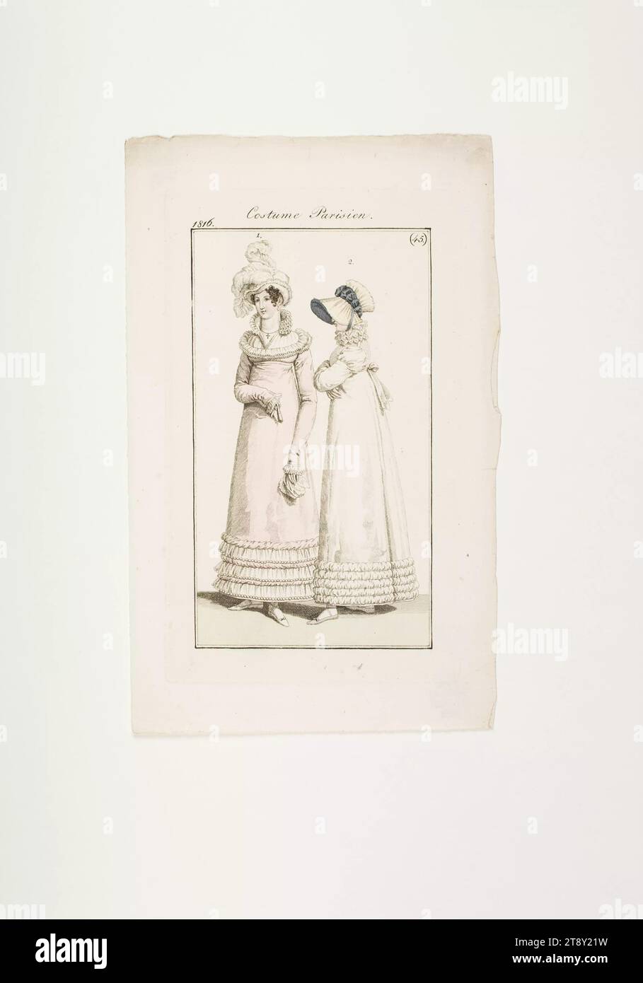 Modebild: 'Pariser Frauen in Mousseline- und Perkalkleidern und modischen Hüten', Unknown, 1816, Papier, farbig, Kupferstich, Höhe 21,8 cm, Breite 13,4 cm, Tellergröße 15,4 x 8,7 cm, Fashion, Bourgeoisie, Biedermeier, Modeteller, Kopfbedeckung, Mode, Kleidung (+ Mädchenkleidung), Mädchenkleidung, Frau, Kleid, Kleid, Die Wiener Sammlung Stockfoto