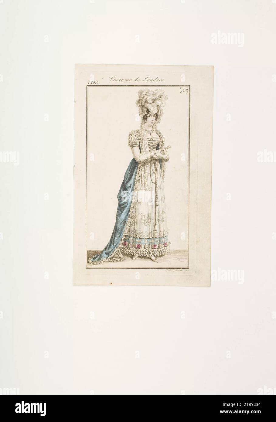 Modebild: 'English Lady in Court Dress', Unknown, 1820, Papier, farbig, Kupferstich, Höhe 18, 9 cm, Breite 11, 9 cm, Tellergröße 15, 4 x 8, 8 cm, Mode, Bourgeoisie, Biedermeier, Sport, Freizeit und Freizeit, Hofleben, Aristokratie, Modeteller, Kopfbedeckung, Kleidung für offizielle Anlässe, Frau, Kleid, Kleid, die Wiener Kollektion Stockfoto