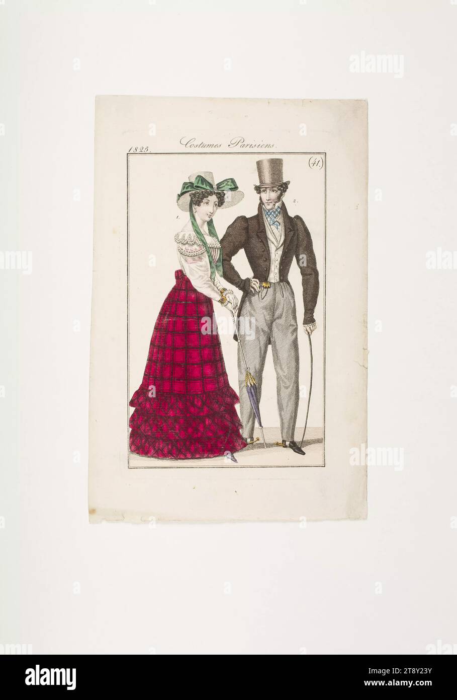 Modebild: 'Pariser Frau im Kleid der schottischen madras, Pariser Mann mit Peitsche und Sporen', Unbekannt, 1825, Papier, farbig, Kupferstich, Höhe 21, 6 cm, Breite 14, 1 cm, Tellergröße 16 x 10, 2 cm, Mode, Bourgeoisie, Biedermeier, Modeteller, Kopfbedeckung, Frau, Mann, Kleid, Kleid, die Wiener Sammlung Stockfoto