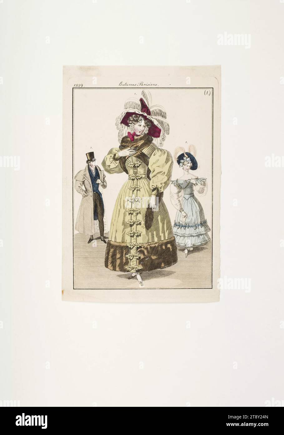 Modebild: 'Pariser Frau im Überkleid mit Marderfell, französische Dame mit Samthut, Gentleman im Ledermantel', Unbekannt, 1829, Papier, farbig, Kupferstich, Höhe 19, 6 cm, Breite 13, 1 cm, Tellergröße 16, 5 x 11, 5 cm, Mode, Bourgeoisie, Biedermeier, Modeteller, Kopfbedeckung, Dandy, Beau, Mantel, Frau, Mann, Kleid, Kleid, Kleid, Die Wiener Sammlung Stockfoto