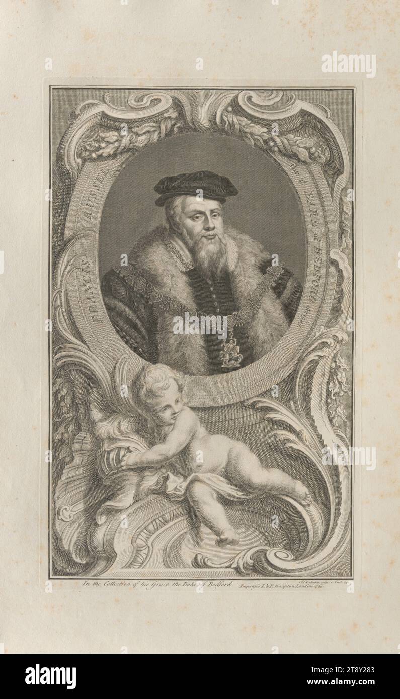 FRANCIS RUSSEL, der 2. EARL of BEDFORD ob. 1585', Jakob Houbraken (1698-1780), Künstler, J. & P. Knapton, Verlag, 1740, Papier, Kupferstich, Höhe 50, 3 cm, Breite 32, 3 cm, Plattengröße 37, 7 x 23, 6 cm, Inschrift: „in der Sammlung seiner Gnaden der Herzog von Bedford.“, „J. Houbraken sculps. Amst. 1740.", "Impensis I. & P. Knapton Londini 1740.', Bildende Künste, Aristokratie, Nachlass Constantin von Wurzbach, Portrait, man, The Vienna Collection Stockfoto