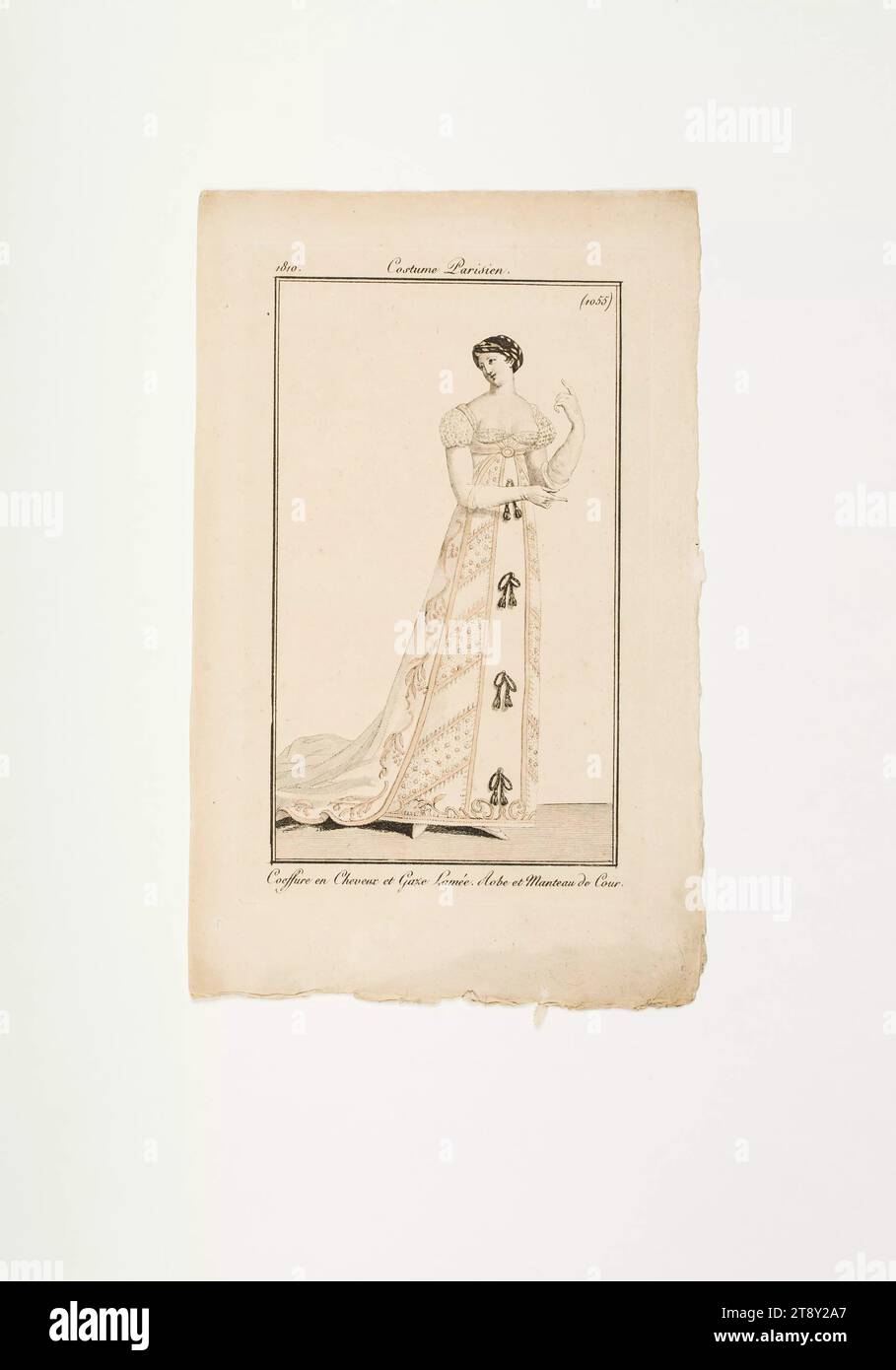 Modebild: "Französische Dame im Hofkleid und verzierten Haarschnitt", Unknown, 1810, Papier, farbig, Kupferstich, Höhe 21, 5 cm, Breite 13, 1 cm, Tellergröße 15, 3 x 9 cm, Mode, Bourgeoisie, Hofleben, Aristokratie, Modeteller, Kopfbedeckung, Kleidung für offizielle Anlässe, Frau, Kleid, Kleid, die Wiener Kollektion Stockfoto