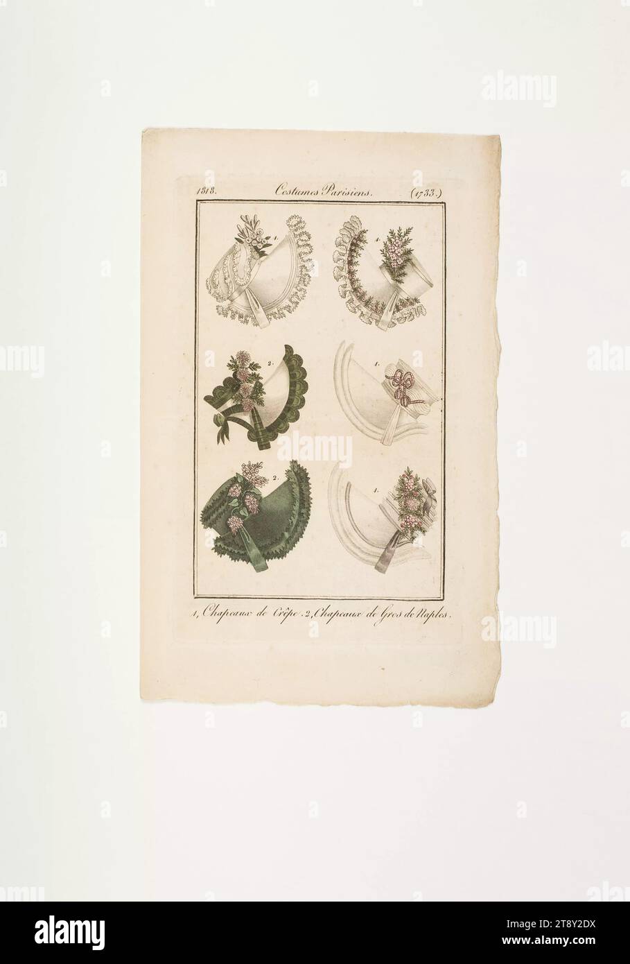 Modebild: "Sechs französische Damenhüte, fünf davon mit Blumenschmuck, einer mit Zierband", Unbekannt, 1818, Papier, farbig, Kupferstich, Höhe 21, 4 cm, Breite 13, 2 cm, Tellergröße 15 x 9, 3 cm, Mode, Bourgeoisie, Biedermeier, Modeteller, Kopfbedeckung, Haarkleid, Accessoires ( Kleidung), die Wiener Kollektion Stockfoto