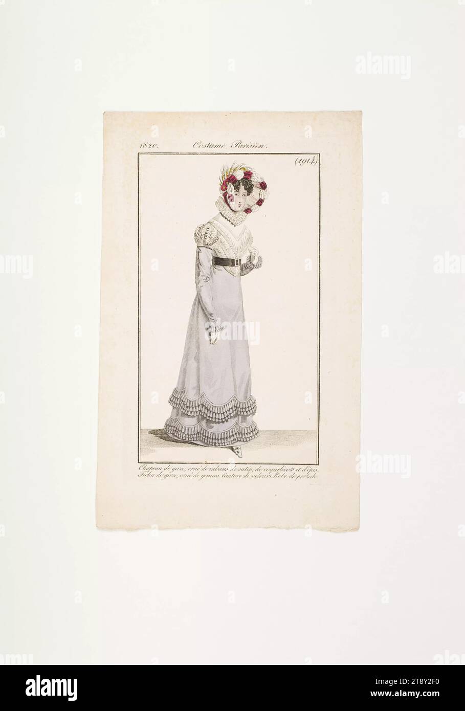 Modebild: 'Französische Dame mit satiniertem Hut, Rüschen und Promenadenkleid', Unbekannt, 1820, Papier, farbig, Kupferstich, Höhe 21 cm, Breite 13, 1 cm, Plattengröße 15, 8 x 9 cm, Fashion, Bourgeoisie, Biedermeier, Modeteller, Kopfbedeckung, Frau, Kleid, Kleid, die Wiener Sammlung Stockfoto