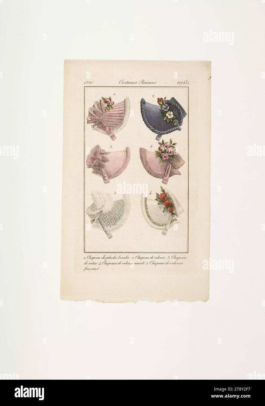 Modebild: "Sechs Damenhüte aus verschiedenen Arten von Velours, Bouclée und Satin", Unknown, 1820, Papier, koloriert, Kupferstich, Höhe 21, 5 cm, Breite 13, 1 cm, Plattengröße 14, 7 x 9, 2 cm, Mode, Bourgeoisie, Biedermeier, Modeteller, Kopfbedeckung, die Wiener Sammlung Stockfoto
