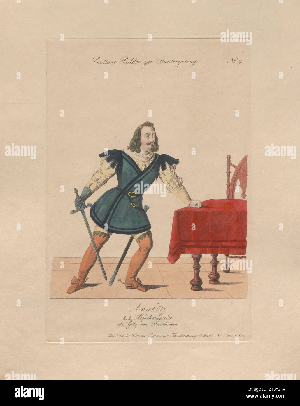 Heinrich Anschütz als Götz von Berlichingen (Kostümbild Nr. 9 für die Theaterzeitung), Unknown, 1833, koloriert, Kupferstich, Blattgröße 29, 7x23, 2 cm, Theater, darstellende Kunst, bildende Kunst, Schauspieler (auf der Bühne), Heinrich Anschütz, Sammlung Wien Stockfoto