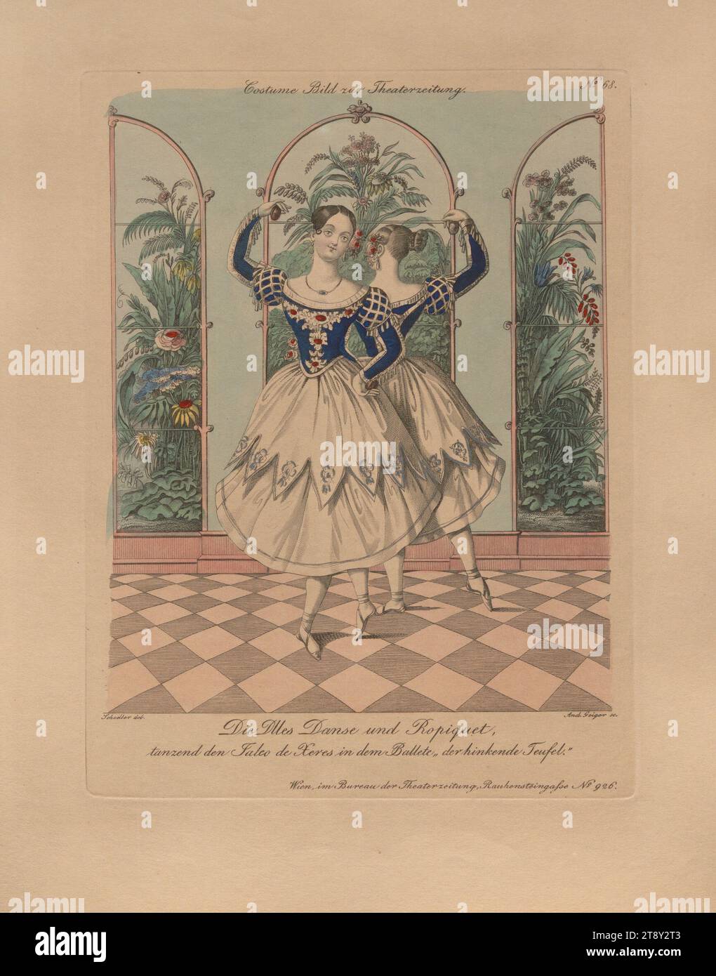 Die Dlles Danse und Ropiquet tanzen den Jaleo des Xeres im Ballett "der hinkende Teufel". (Kostümbild Nr. 68 zur Theaterzeitung), Andreas Geiger (1765-1856), Kupferstecher, 1839, koloriert, Kupferstich, Bogengröße 29, 7x23, 7 cm, Theater, darstellende Künste, bildende Künste, Schauspieler (auf der Bühne), Wiener Sammlung Stockfoto