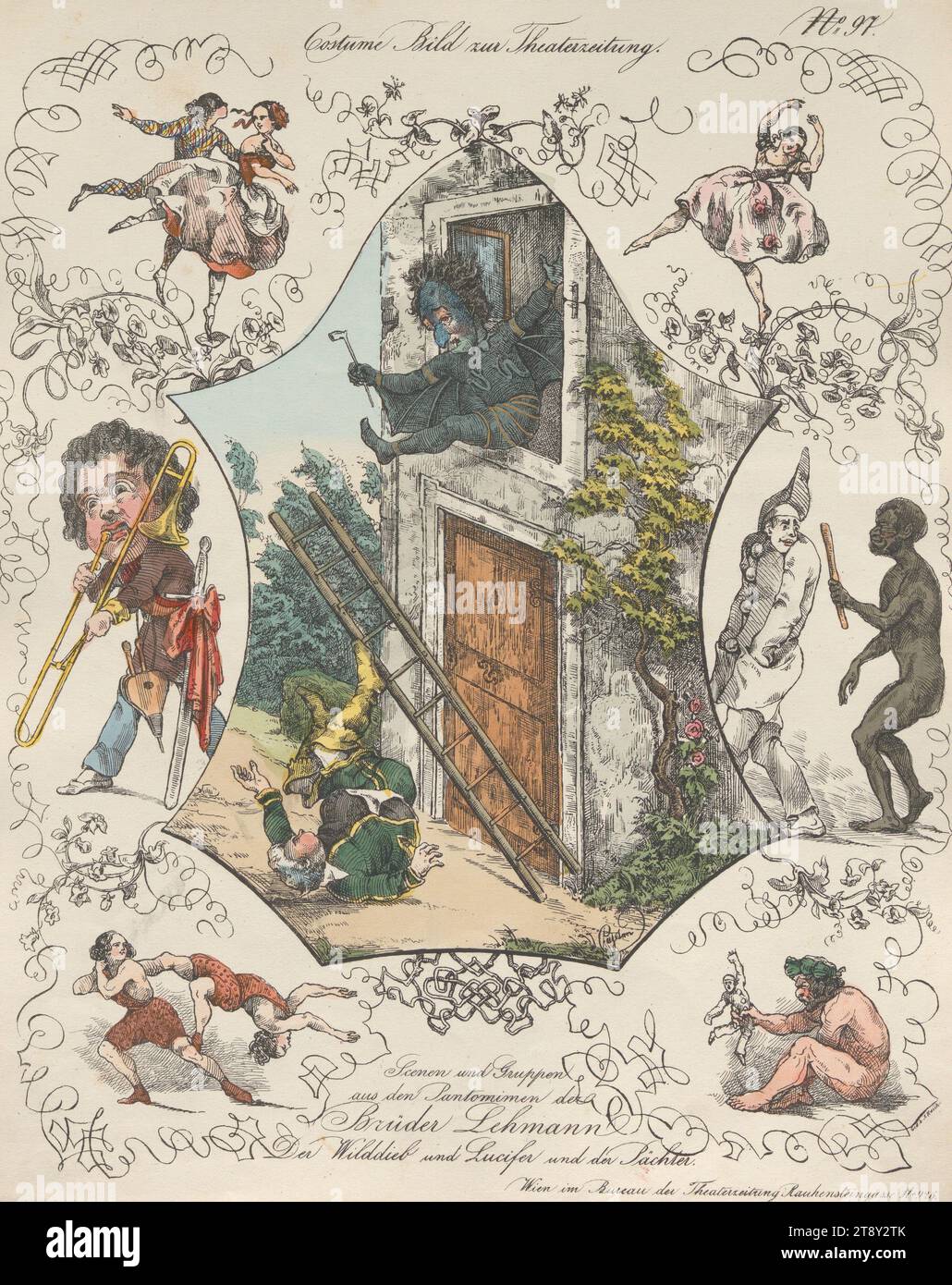 Szenen und Gruppen aus den Pantomimen der Lehmann-Brüder Wilderer und Luzifer und des Pächters (Kostümbild Nr. 97 für die Theaterzeitung), 1844, koloriert, Kupferstich, Blattgröße 31 x 24, 3 cm, Theater, darstellende Künste, Bildende Künste, Schauspieler (auf der Bühne), Wiener Sammlung Stockfoto