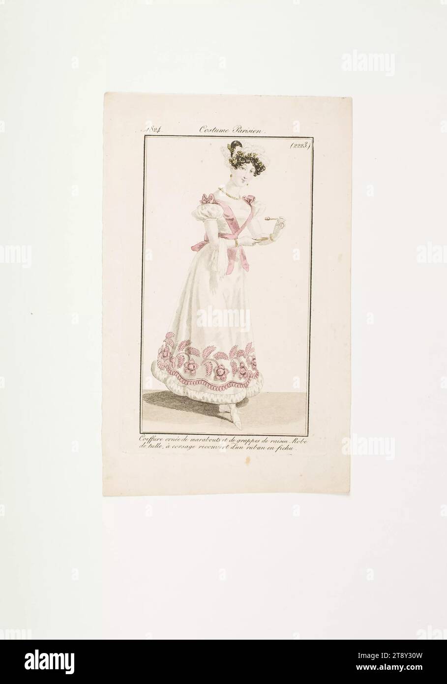 Modebild: 'Pariser Frau mit Ballfrisur mit Saumfedern, Tanzkleid und Schmuck und Kuchenplatte', Unbekannt, 1824, Papier, farbig, Kupferstich, Höhe 20, 9 cm, Breite 13, 1 cm, Tellergröße 15, 5 x 8, 8 cm, Mode, Bourgeoisie, Biedermeier, Tanz, öffentliche Feste und Feste, Kostüme, Nachtleben, Modeteller, Kopfbedeckung, Kleid, Kleid: Ballkleid, Frau, Kleid, Kleid, Kleid, Die Wiener Sammlung Stockfoto