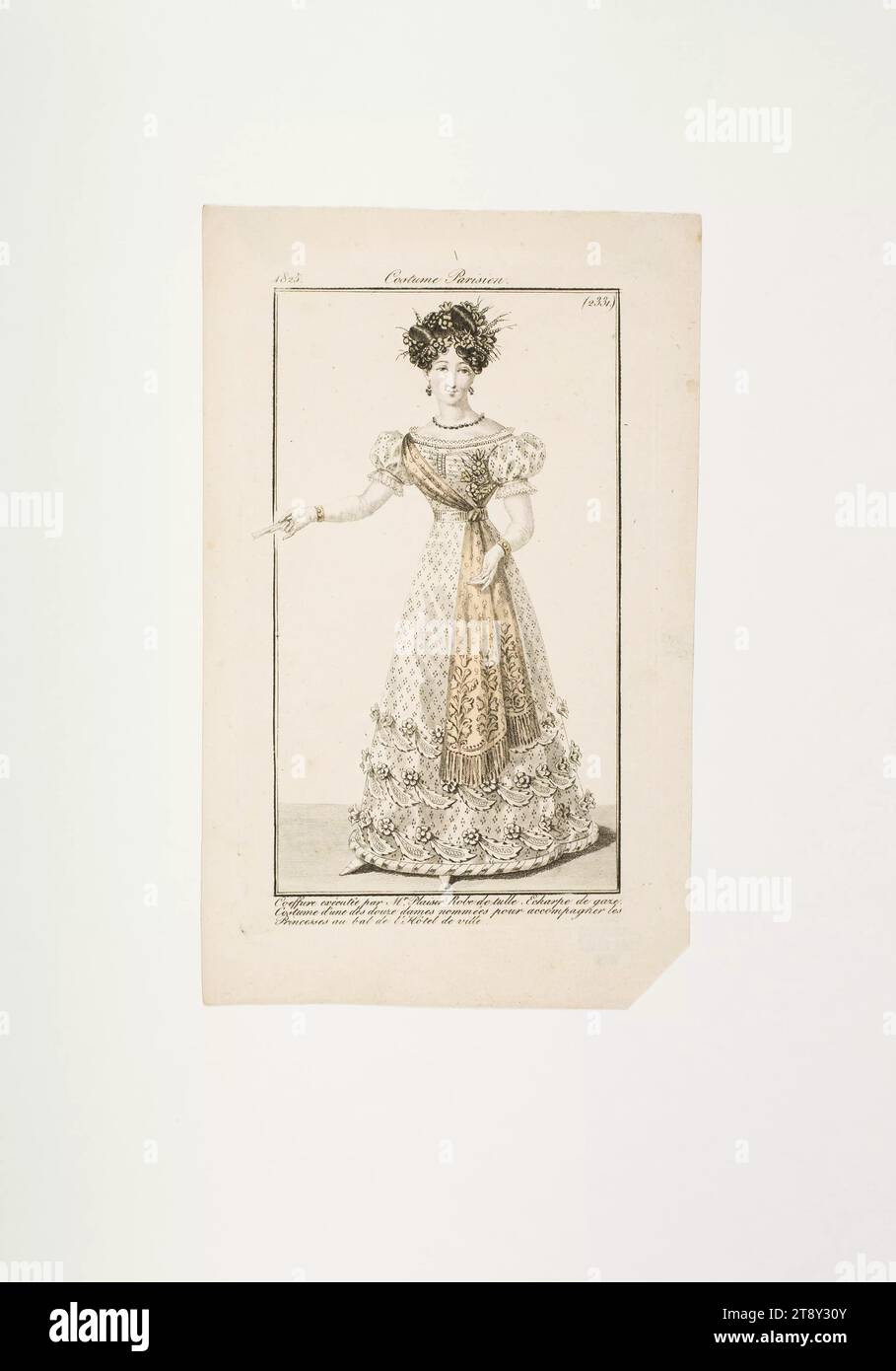Modeteller: 'Französische Dame in großer Toilette, dekorierte Frisur und Schärpe', Unknown, 1825, Papier, farbig, Kupferstich, Höhe 21 cm, Breite 13, 1 cm, Tellergröße 16x9 cm, Fashion, Bourgeoisie, Biedermeier, Modeteller, Kopfbedeckung, Frau, Kleid, Kleid, die Wiener Sammlung Stockfoto
