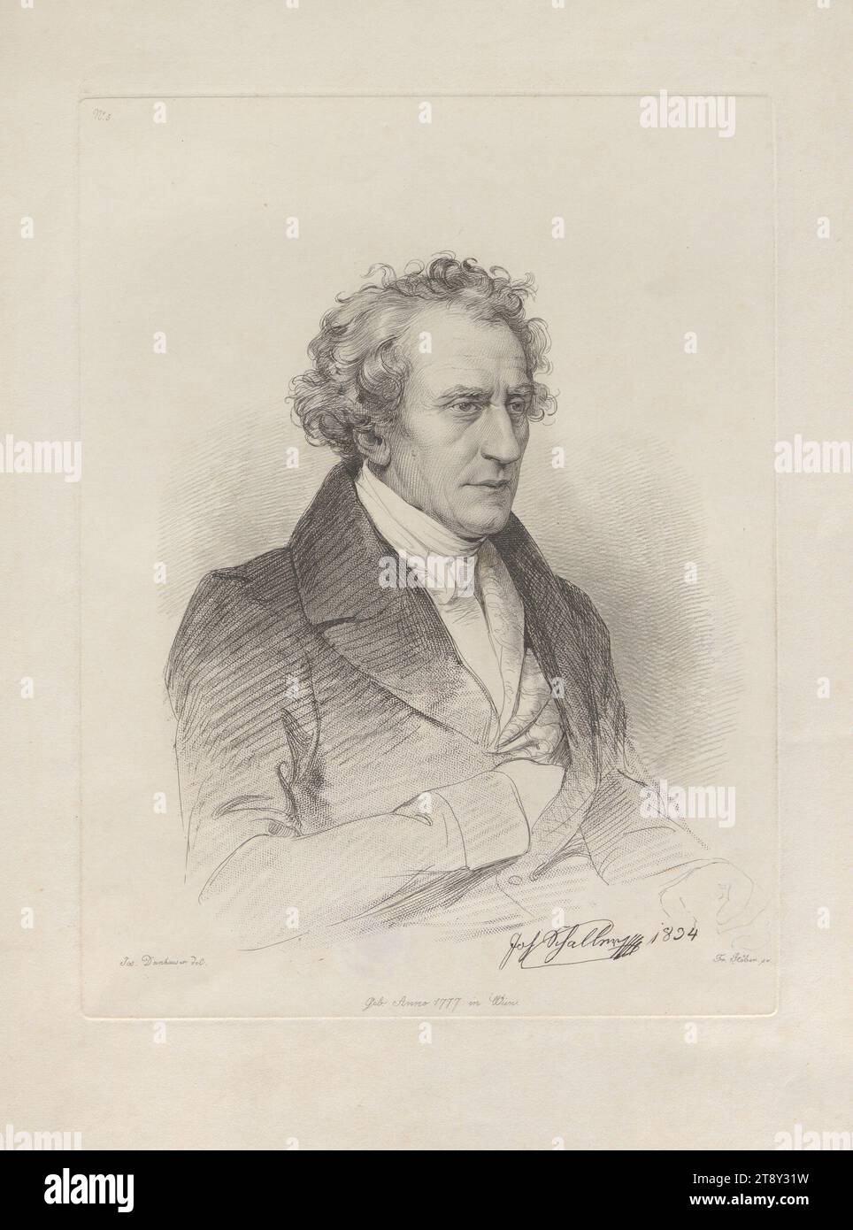 Joh Schaller', Franz Xavier Stöber (1795-1858), Realisation, 1834, Papier, Druck, Höhe 32, 1 cm, Breite 24, 5 cm, Plattengröße 23, 4 x 18 cm, Bildende Kunst, Nachlass Constantin von Wurzbach, Porträt, Mann, Mann, Porträt, Selbstporträt des Bildhauers, Sammlung Wien Stockfoto