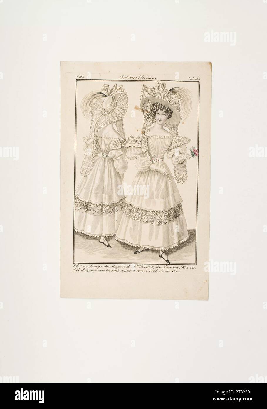 Modebild: Zwei Damen in weißen Organdy-Kleidern mit weißen Krepphüten, Unbekannt, 1828, Papier, farbig, Kupferstich, Höhe 20, 9 cm, Breite 13, 1 cm, Tellergröße 17, 6 x 12, 7 cm, Mode, Bourgeoisie, Biedermeier, Modeteller, Kopfbedeckung, Frau, Kleid, Kleid, die Wiener Sammlung Stockfoto