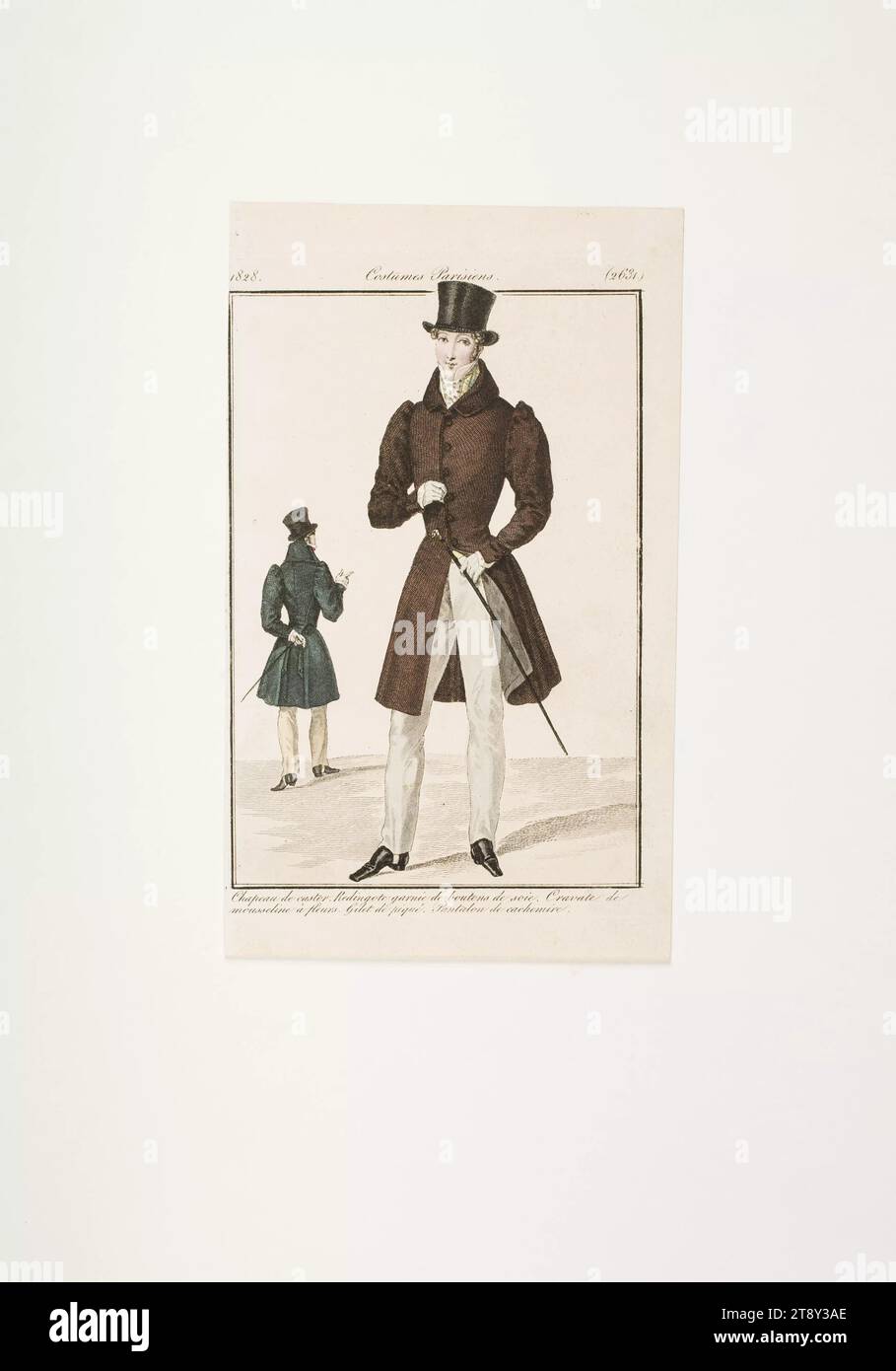 Modebild: Zwei Herren in Pantaloons, Redingoten, Westen und Krawatte, Unbekannt, 1828, Papier, farbig, Kupferstich, Höhe 19, 8 cm, Breite 11, 8 cm, Plattengröße 17, 4 x 11, 1 cm, Mode, Bourgeoisie, Biedermeier, Modeteller, Kopfbedeckung, Dandy, Beau, Mantel, Mann, die Wiener Sammlung Stockfoto