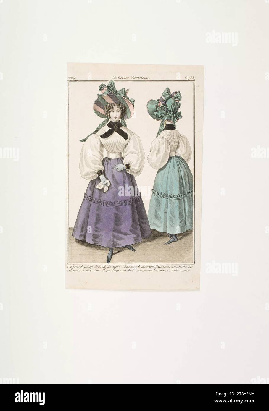 Modebild: Zwei Figuren, capote-Hüte, zweifarbiges Kleid mit Schinkenärmeln, Unbekannt, 1829, Papier, farbig, Kupferstich, Höhe 19,8 cm, Breite 11,9 cm, Tellergröße 17,6x 11,3 cm, Fashion, Bourgeoisie, Biedermeier, Modeteller, Kopfbedeckung, Frau, Kleid, Kleid, die Wiener Sammlung Stockfoto