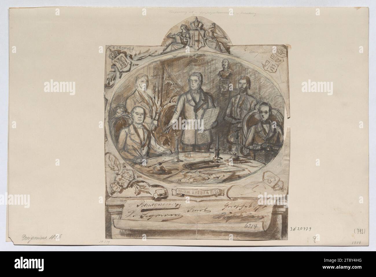 Konferenz zum Friedensschluss im Krimkrieg, Wien am 1. Februar 1856, Unbekannt, 1856, Papier, Bleistift und Sepia-Pinsel, Höhe 29, 5 cm, Breite 24, 1 cm, Politik, Bildende Künste, Kriegsereignisse, diplomatische Verhandlungen, Konferenz, Friedensverhandlungen, Politiker, Mann, die Wiener Sammlung Stockfoto