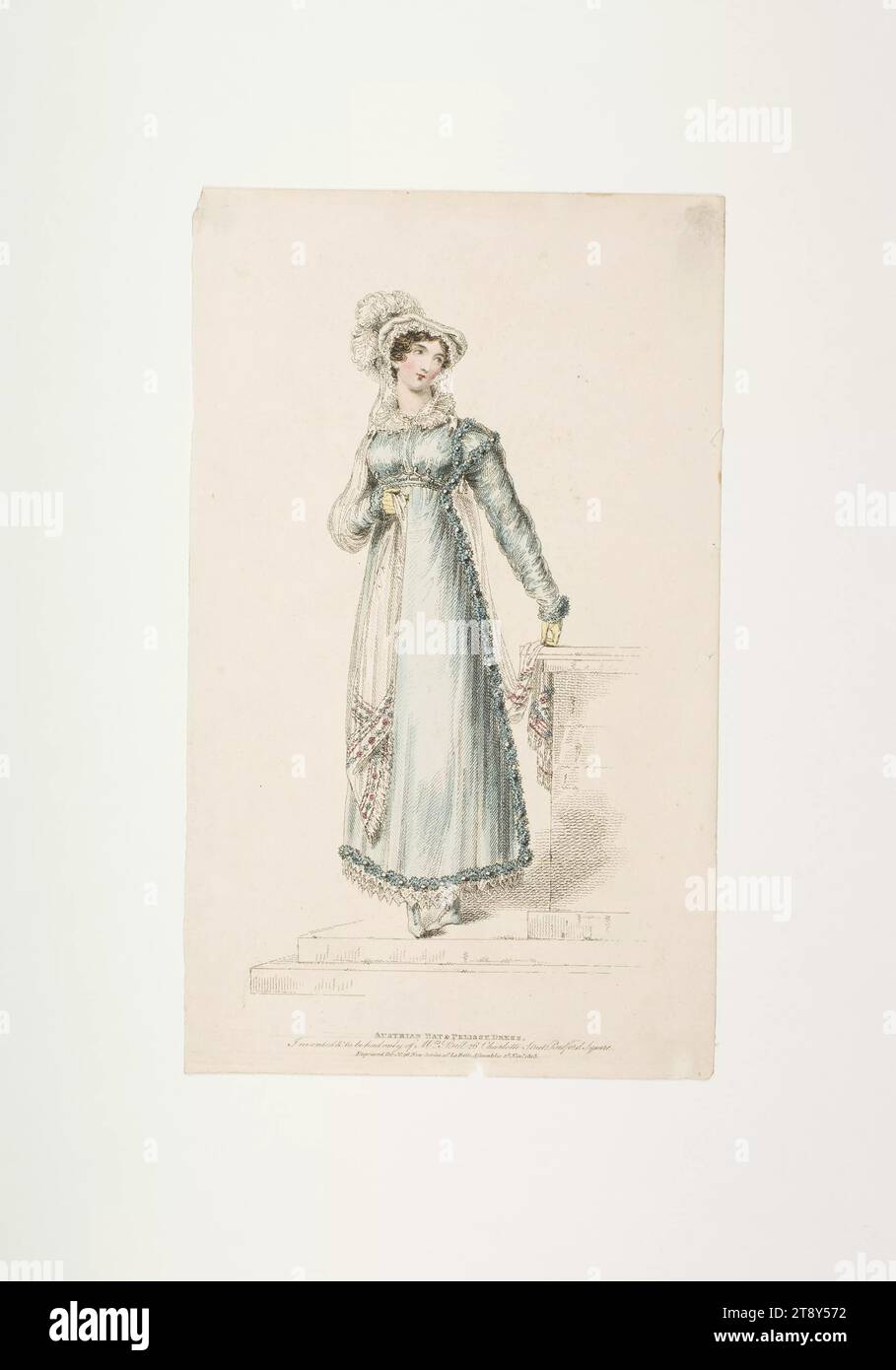 Modebild: Eine Figur, österreichischer Hut und Mantel Kleid, Unbekannt, 1815, Papier, farbig, Kupferstich, Plattengröße 22, 4 x 13, 4 cm, Mode, Bourgeoisie, Biedermeier, Modeteller, Kopfbedeckung, Mantel, Frau, Kleid, Kleid, die Wiener Sammlung Stockfoto