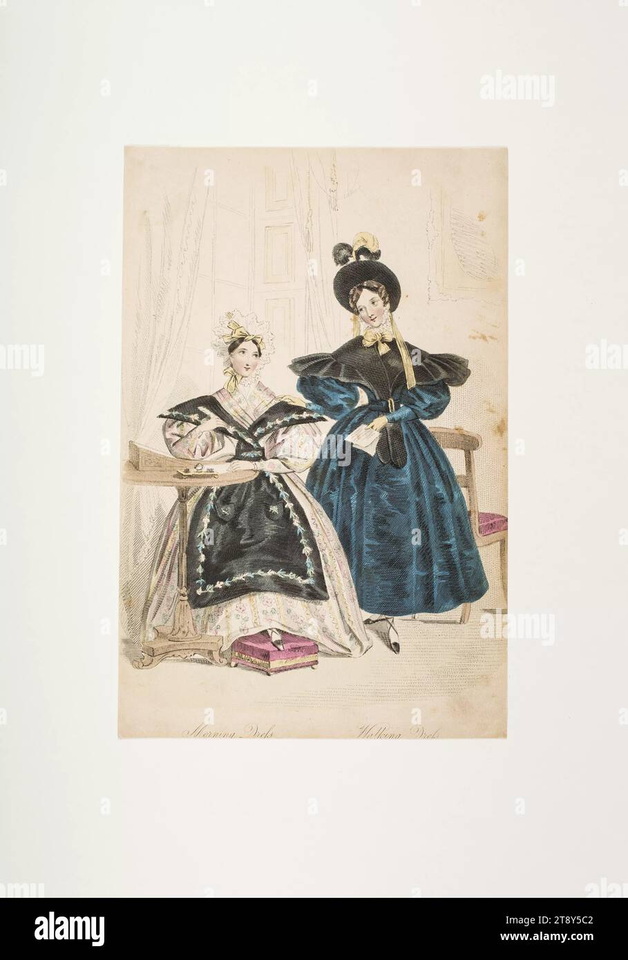 Modebild: Zwei Figuren, Morgenkleid und Ausgehkleid, Unbekannt, Datum um 1834, Papier, farbig, Kupferstich, Tellergröße 22, 3 x 14, 7 cm, Mode, Bourgeoisie, Modebretter, Kopfbedeckungen, Frauen, Kleider, Kleid, die Wiener Sammlung Stockfoto