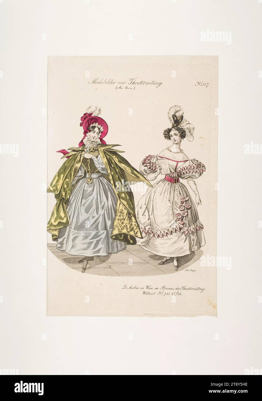 Modebild: Zwei Figuren, Sozial- und Konzertkleid, Unbekannt, 1832, Papier, farbig, Kupferstich, Höhe 23, 3 cm, Breite 15, 2 cm, Tellergröße 22x14, 4 cm, Mode, Bourgeoisie, Biedermeier, öffentliche Festivals und Feste, Nachtleben, Theater, Modebretter, Kopfbedeckungen, Kleidung für offizielle Anlässe, Frau, Kleid, Gewand, die Wiener Kollektion Stockfoto