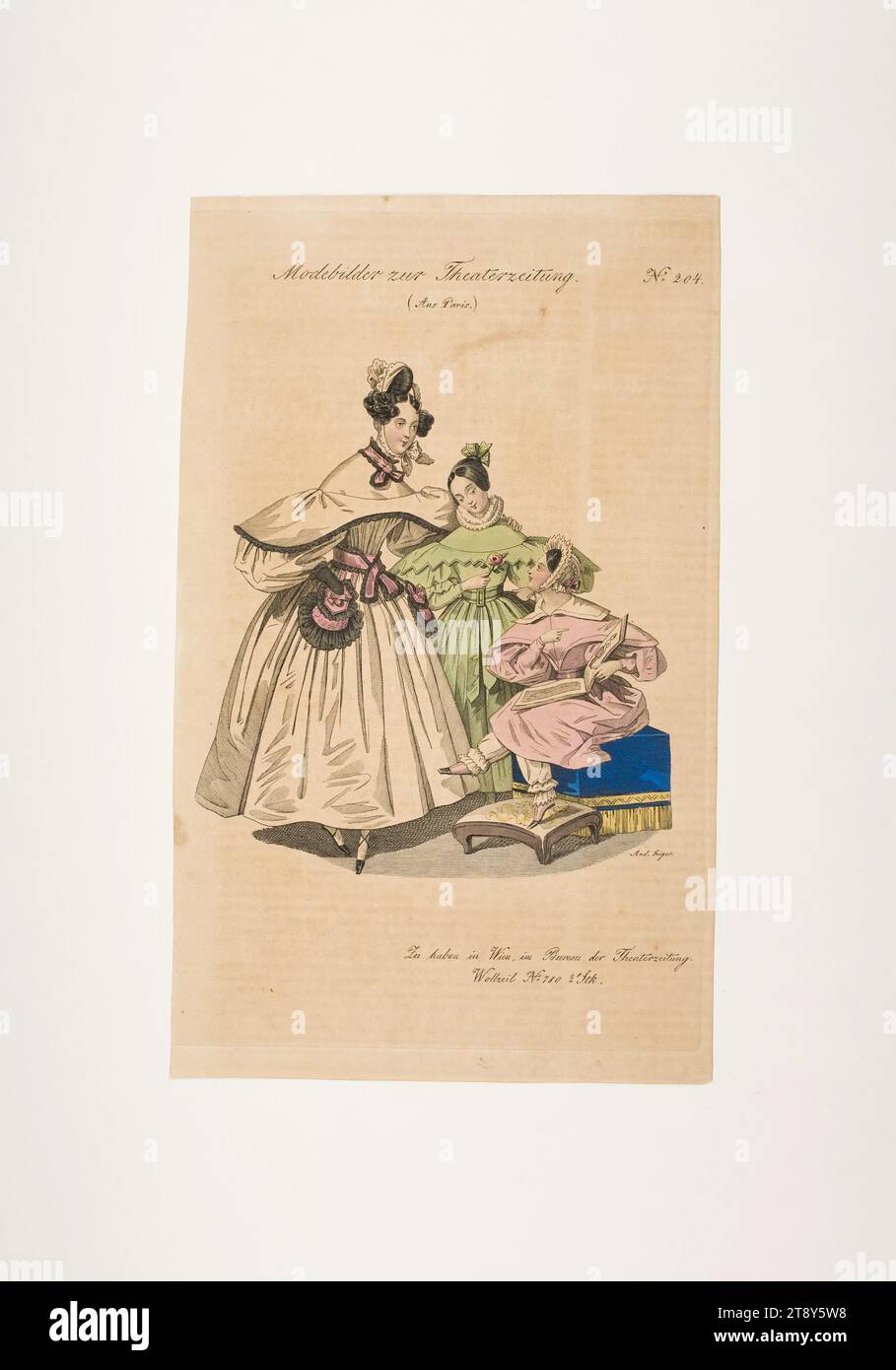 Modebild: Drei Figuren, Damen- und Mädchenmode, Unbekannt, 1834, Papier, farbig, Kupferstich, Höhe 23,4 cm, Breite 14,4 cm, Tellergröße 22 x 14 cm, Mode, Bourgeoisie, Modeplatten, Kopfschmuck, Mode, Kleidung (+ Mädchenkleidung), Mädchenkleid, Frau, Kind, Kleid, Kleid, die Wiener Sammlung Stockfoto