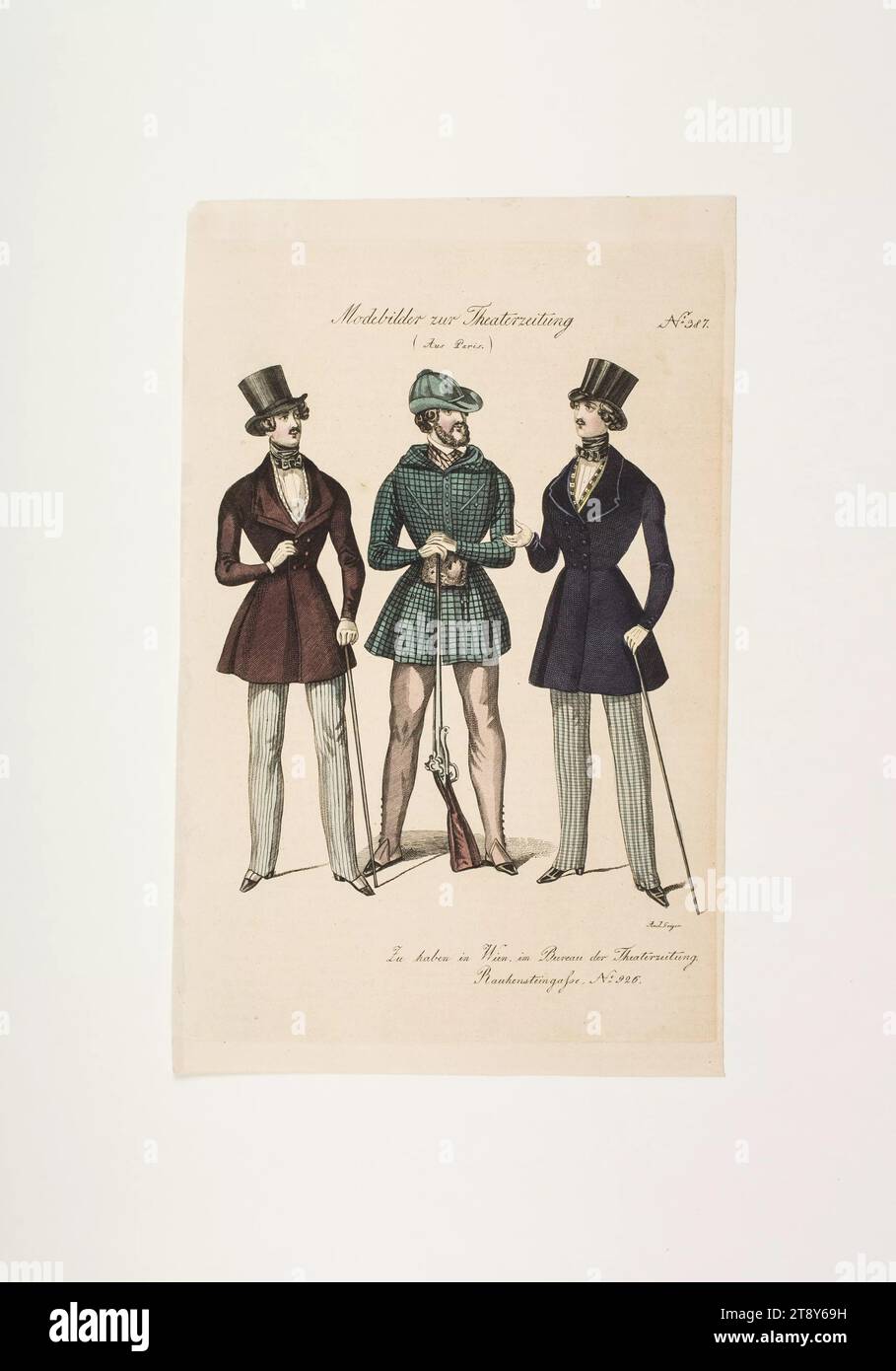 Modebild: Drei Figuren, Herrenmode (ein Jagdanzug), Unbekannt, 1837, Papier, farbig, Kupferstich, Höhe 23, 2 cm, Breite 14, 6 cm, Tellergröße 21 x 14, 1 cm, Mode, Bourgeoisie, Sport, Modeteller, Kopfbedeckung, Dandy, Beau, Mantel, Mann, die Wiener Sammlung Stockfoto