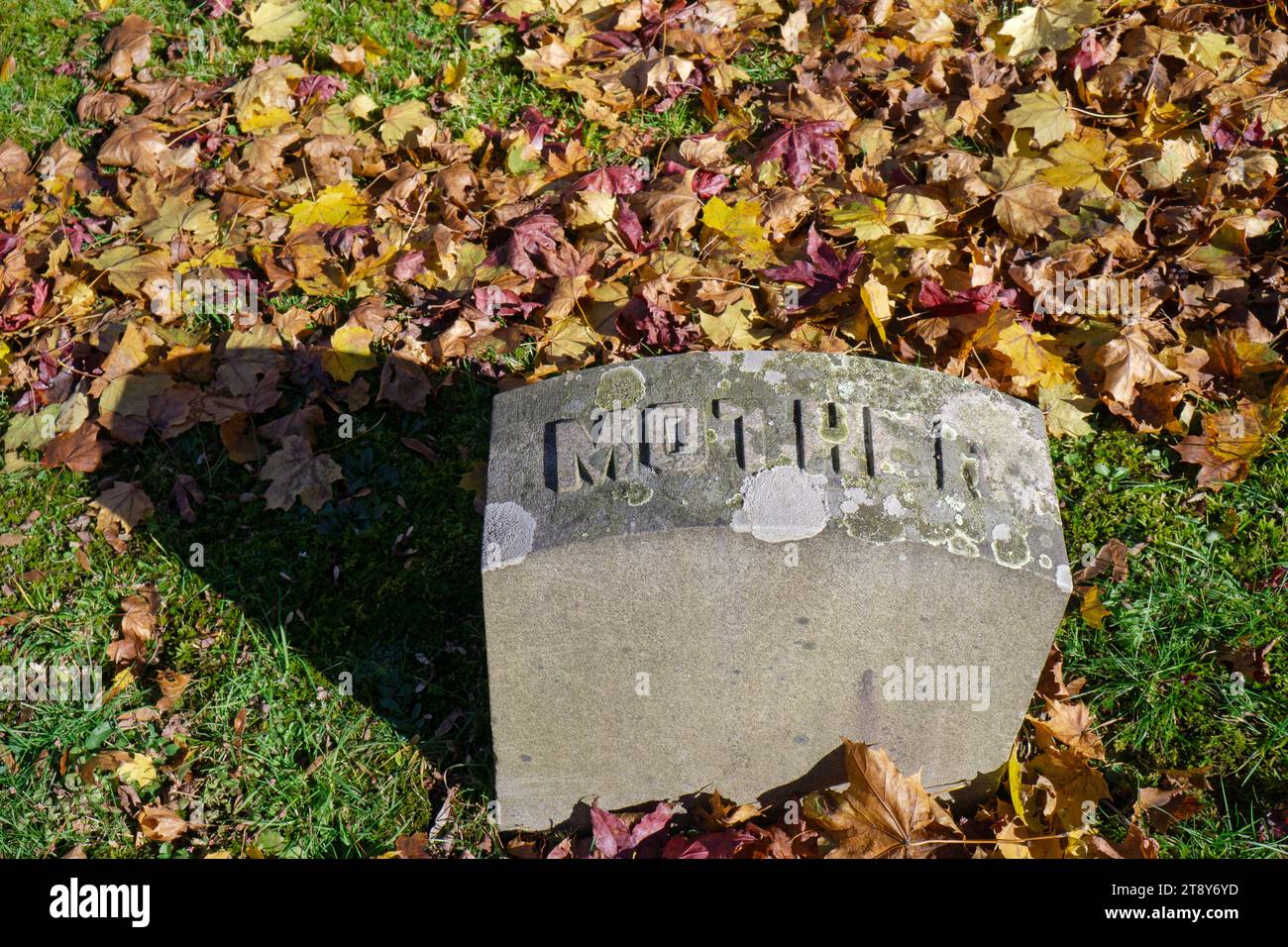 Ein kleiner Grabstein, der nur Mutter sagt und von gefallenen Blättern umgeben ist. Auf dem Raymond Hill Cemetery in Carmel, New York. Stockfoto