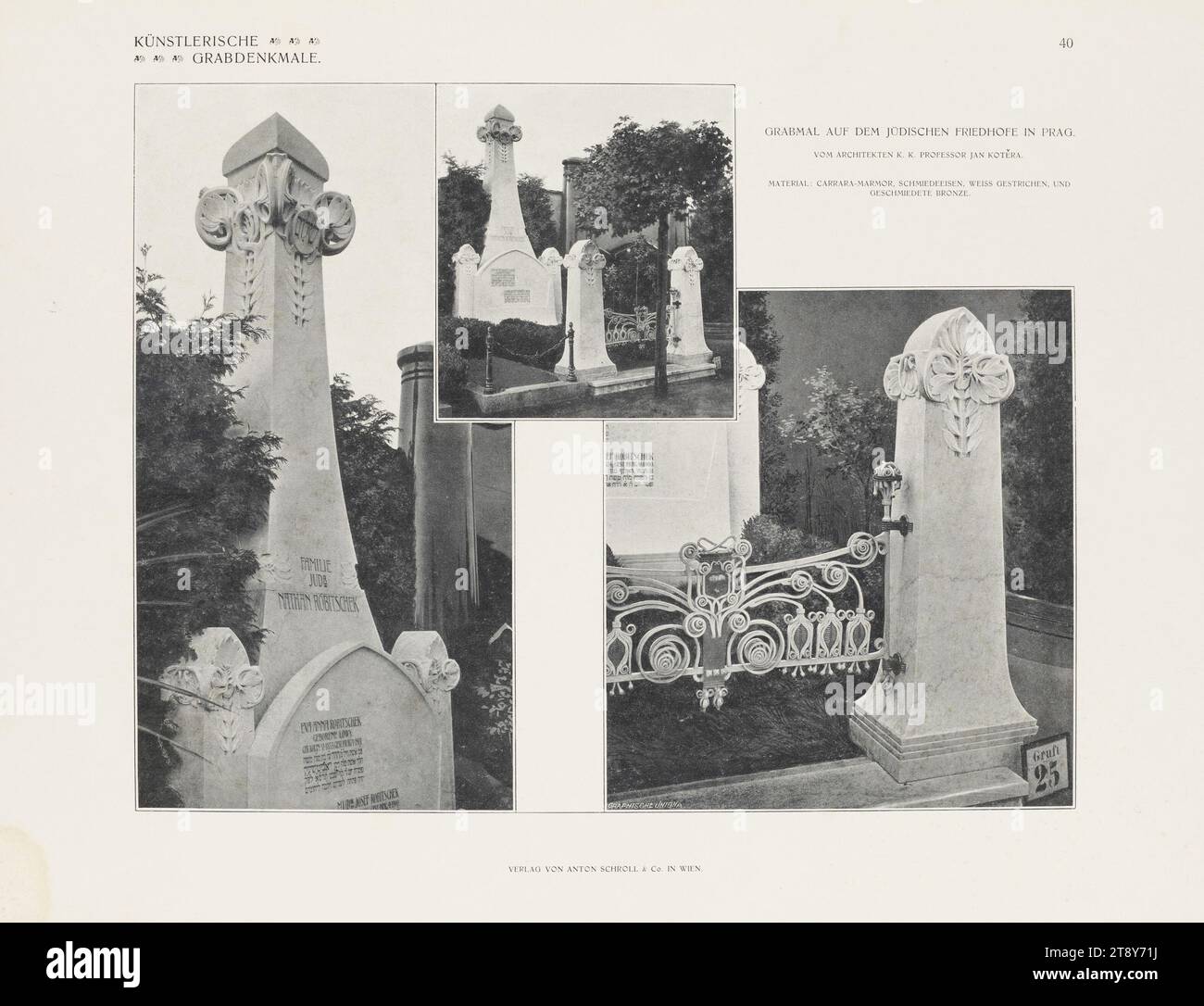 Familiengrab Robitschek auf dem jüdischen Friedhof in Prag, Architekt Jan Kotera (Blatt Nr. 40 aus Richtung künstlerischer Grabdenkmäler: Moderne Architektur und Skulptur von Friedhöfen und Kirchen in Österreich-Ungarn, Serie 2, Anton Schroll & Co., Wien), Anton Schroll & Co., Verlag, Datum um 1910, Karton, Kollotype, Blattgröße 31 x 41 cm, Bildende Künste, Krankheit und Tod, Grabbau, monumentales Grab, Skulptur, Grab, Grab, Wiener Sammlung Stockfoto